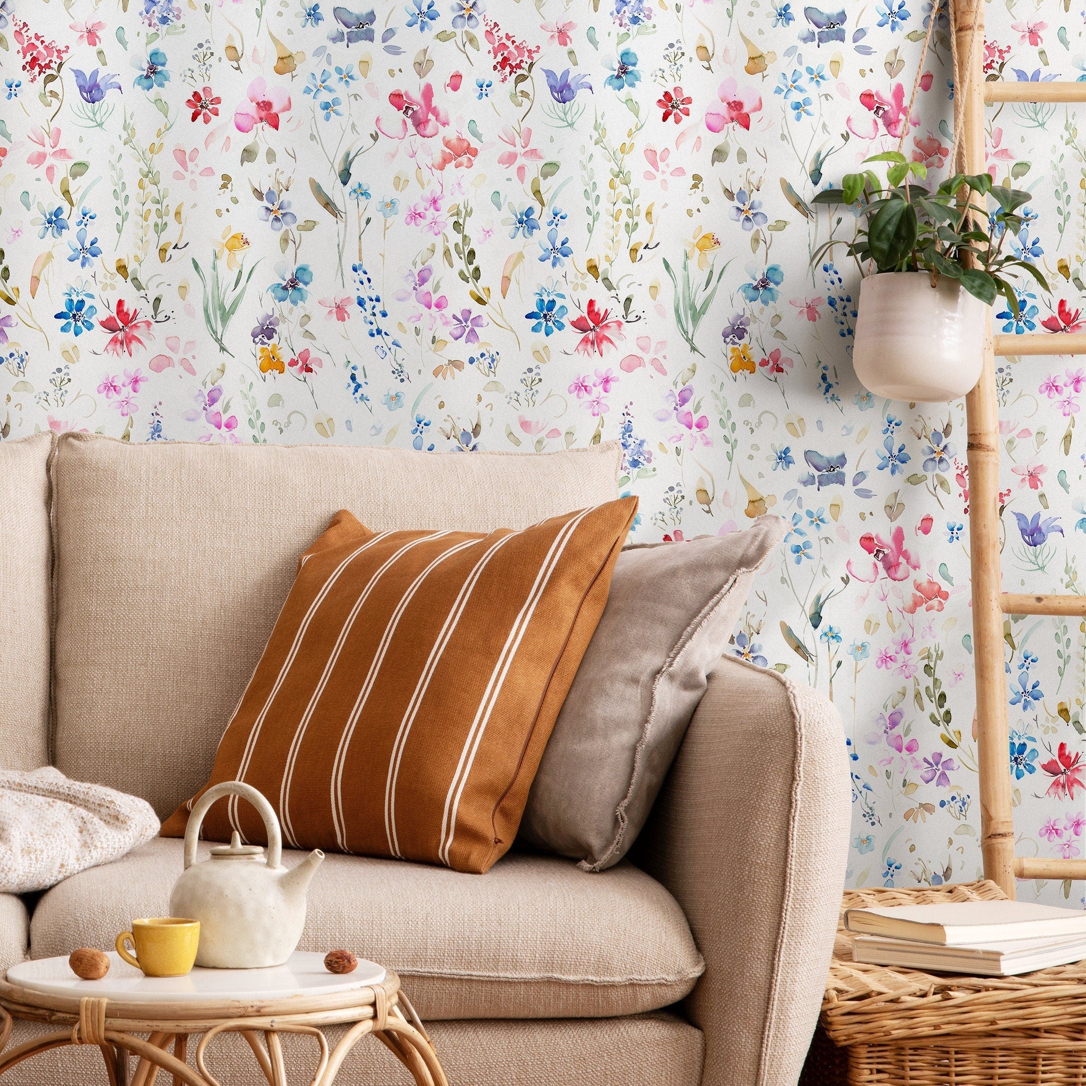Floral Wallpaper Featuring Delicate Watercolor Blooms In Pink, Blue, And Purple - B383