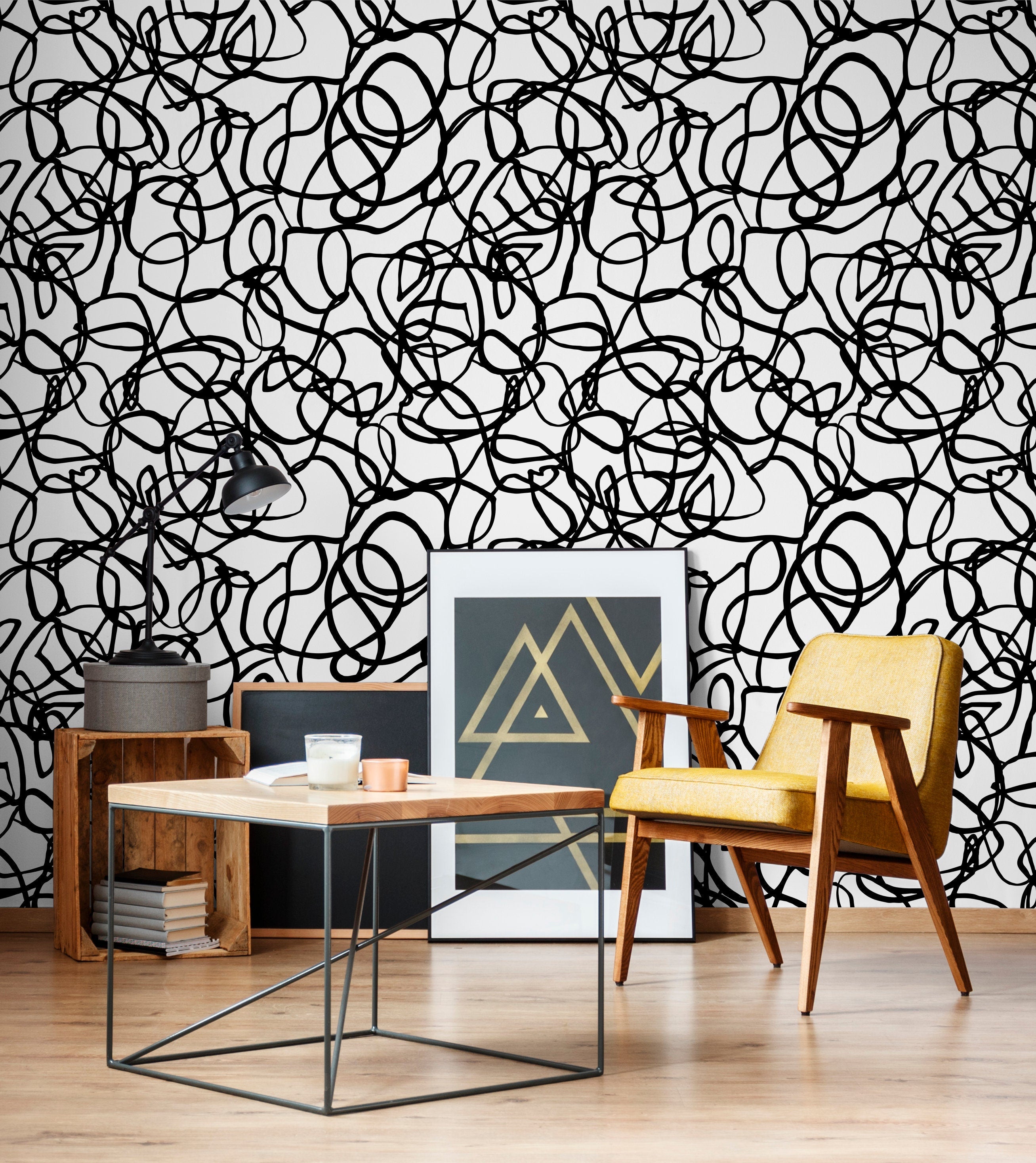 Abstract Wallpaper With Bold Scribbles And Loops In Black And White - X081