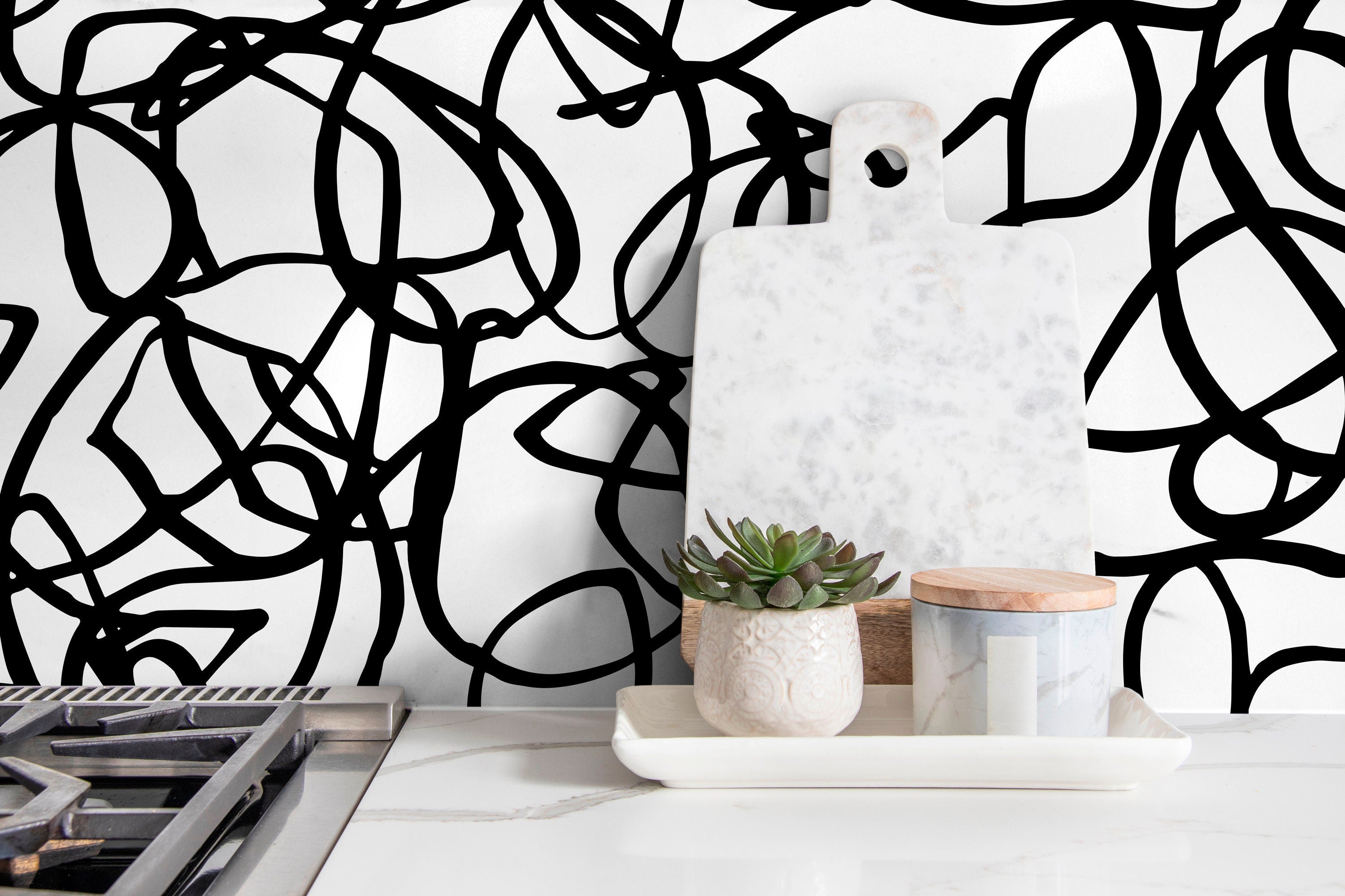Abstract Wallpaper With Bold Scribbles And Loops In Black And White - X081