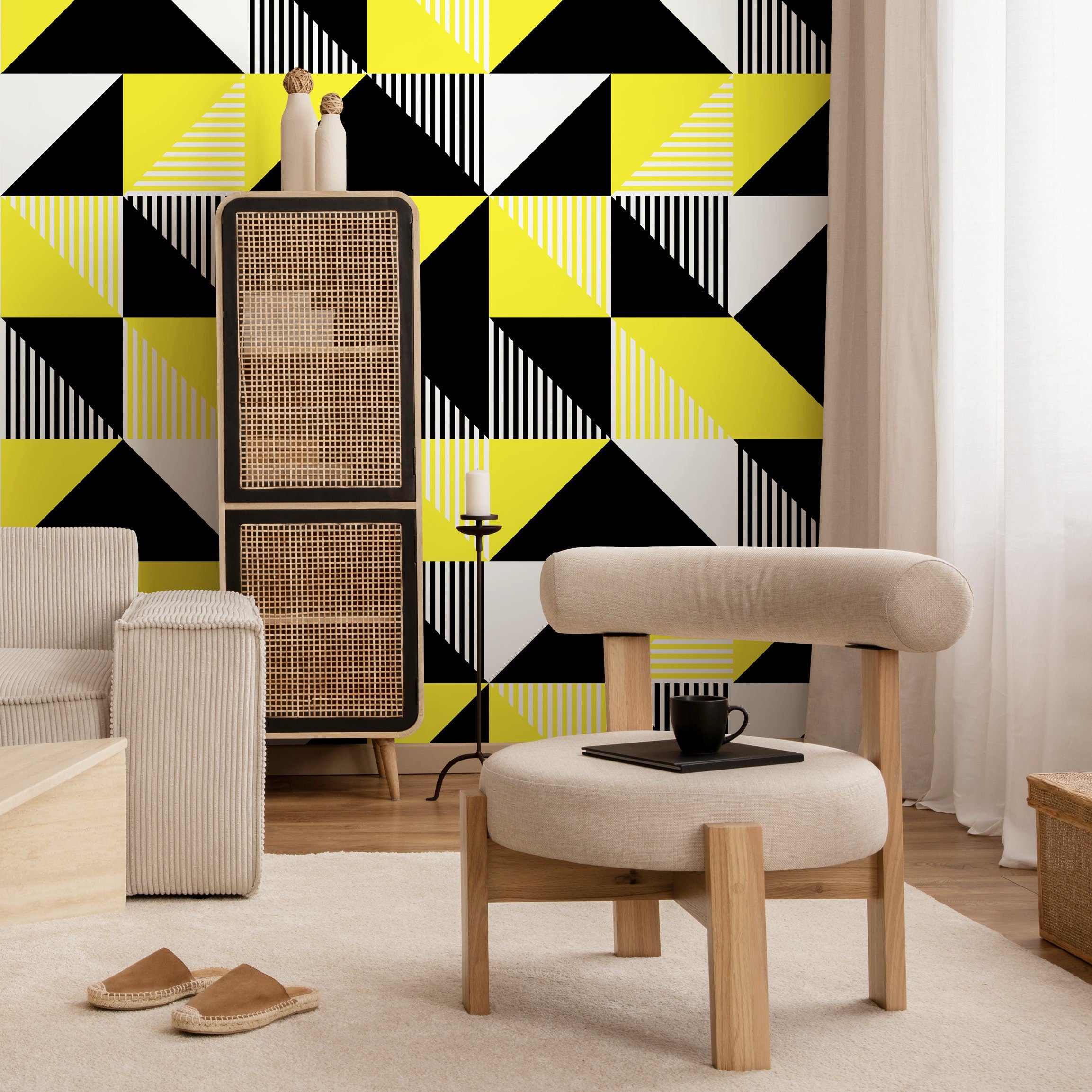 Geometric Wallpaper With A Bold Triangle And Stripe Pattern In Black, Yellow, And Gray - B076