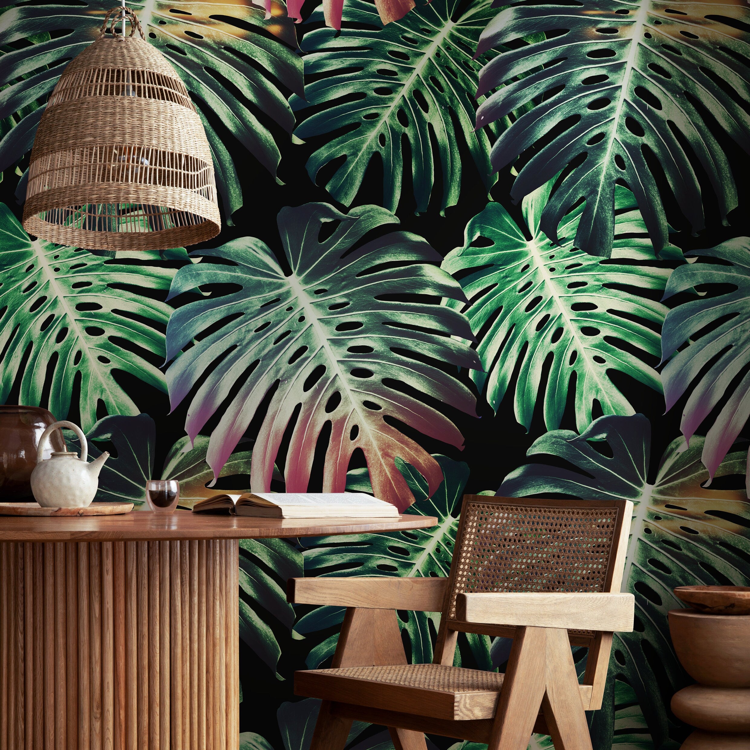 Botanical Wallpaper With Oversized Monstera Leaves In Green And Pink - B116