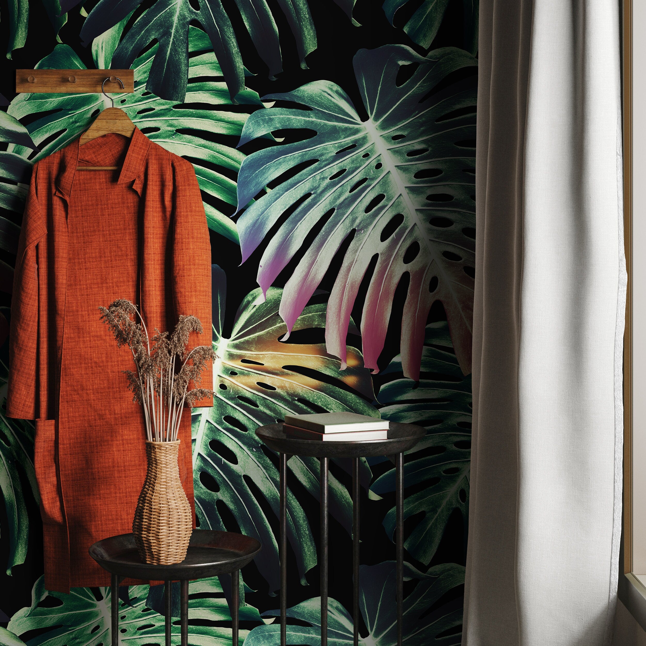 Botanical Wallpaper With Oversized Monstera Leaves In Green And Pink - B116