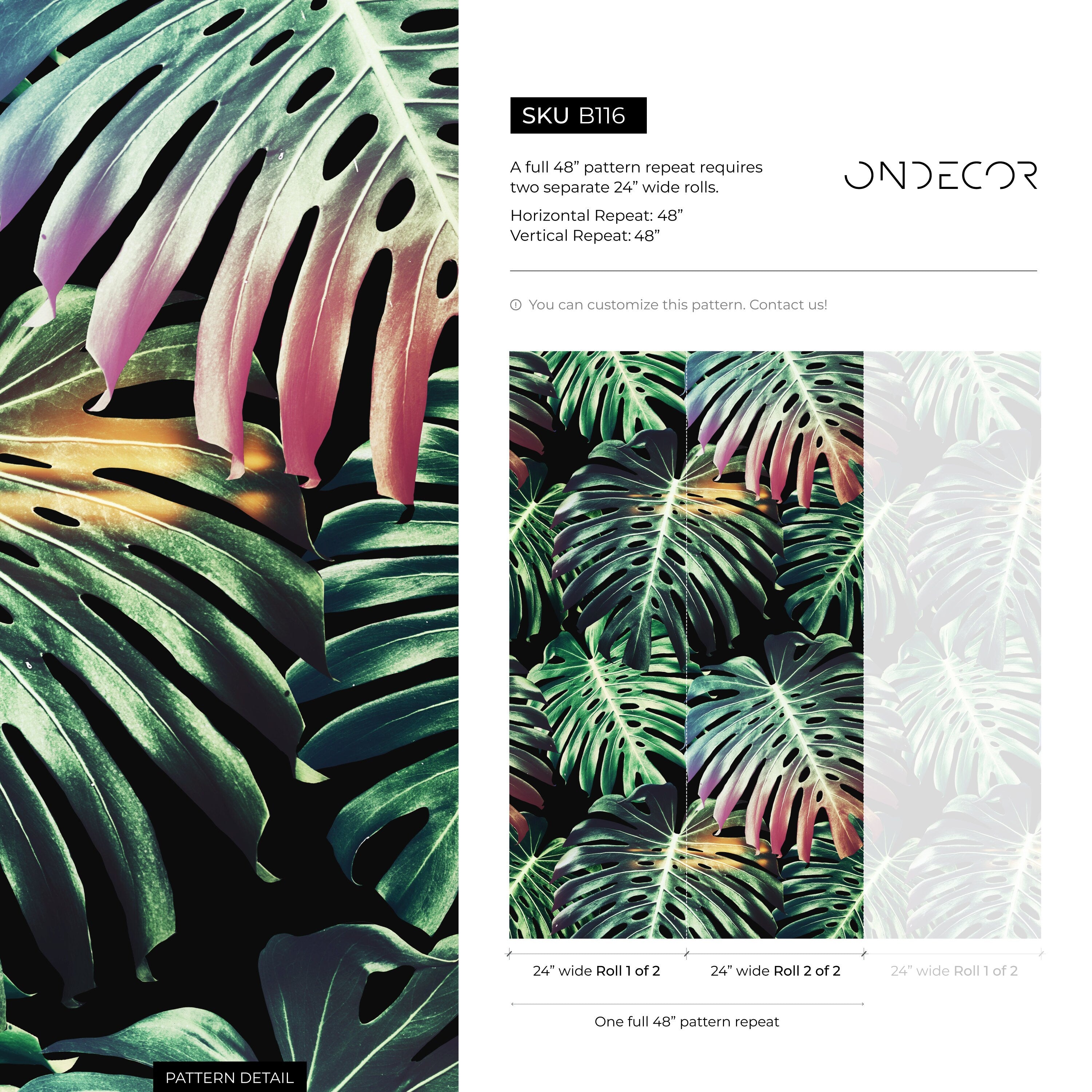 Botanical Wallpaper With Oversized Monstera Leaves In Green And Pink - B116