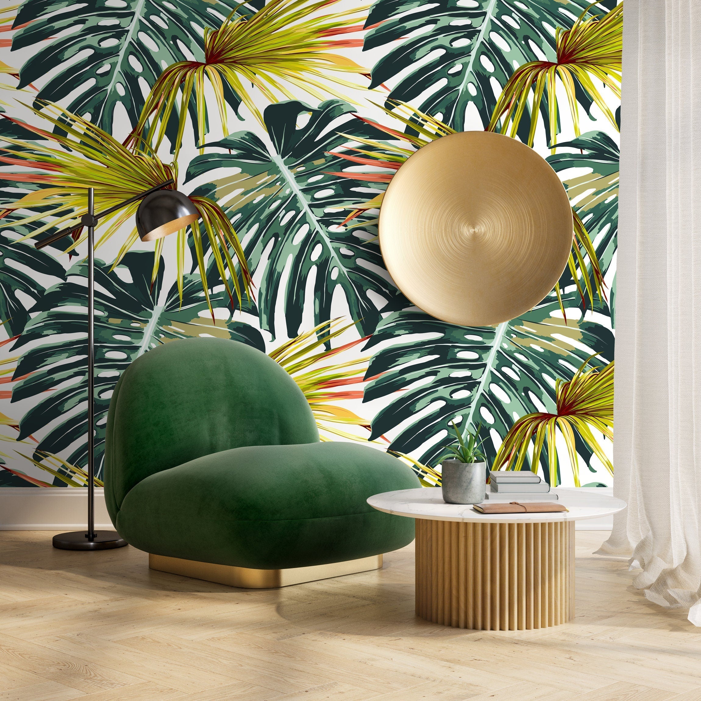 Tropical Wallpaper Featuring Monstera And Palm Leaves In Green, Yellow, And Red - B117