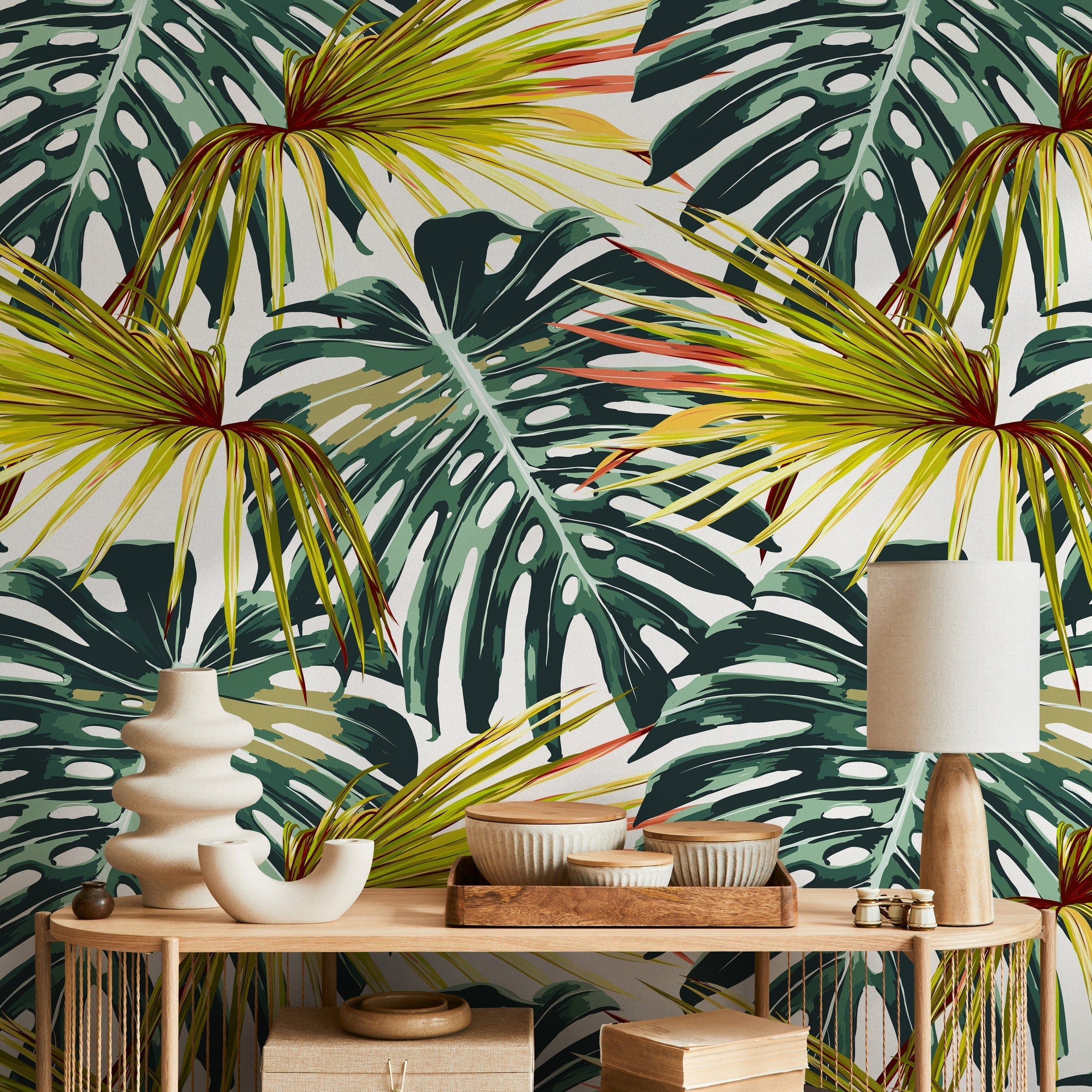 Tropical Wallpaper Featuring Monstera And Palm Leaves In Green, Yellow, And Red - B117