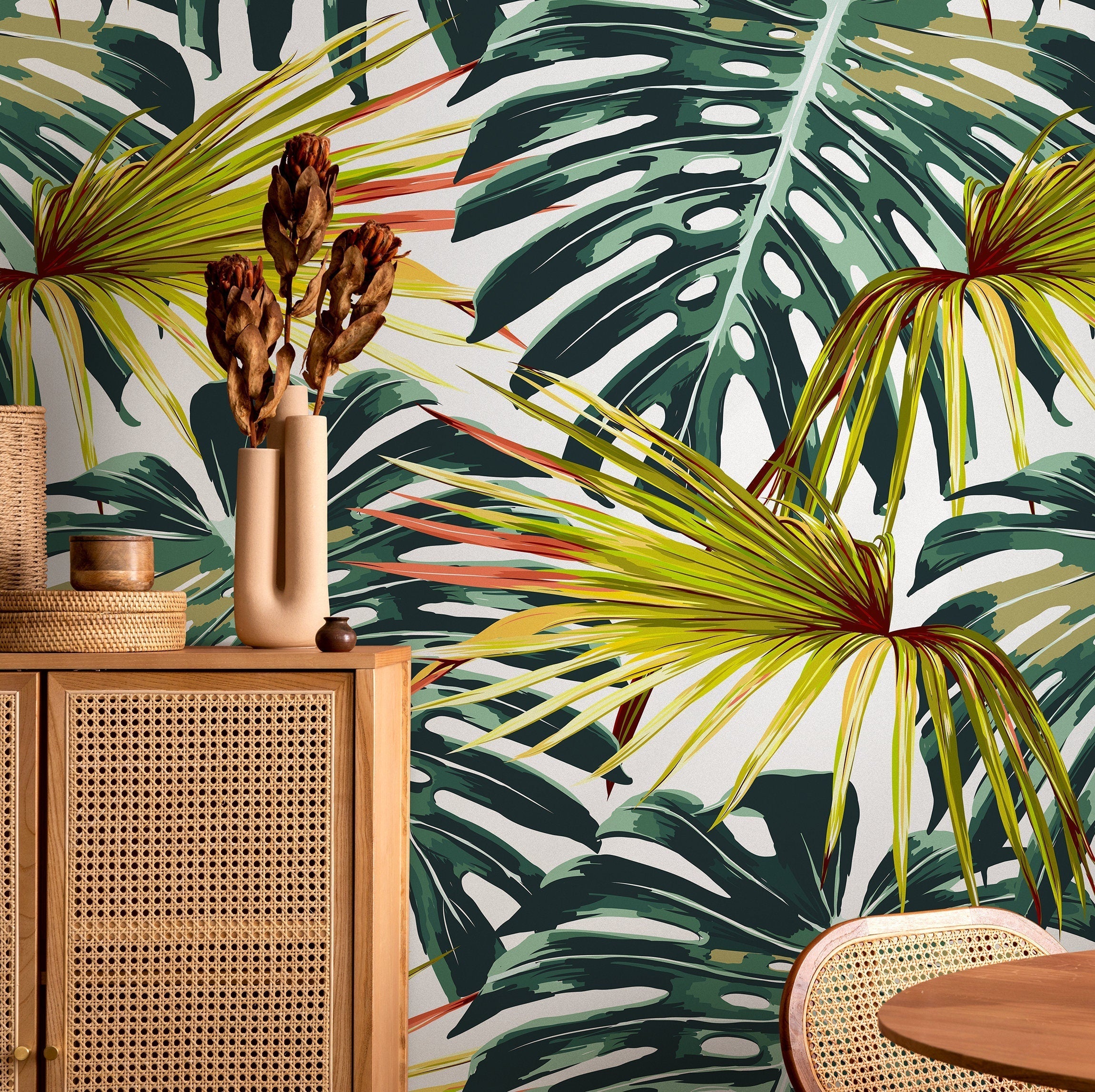 Tropical Wallpaper Featuring Monstera And Palm Leaves In Green, Yellow, And Red - B117