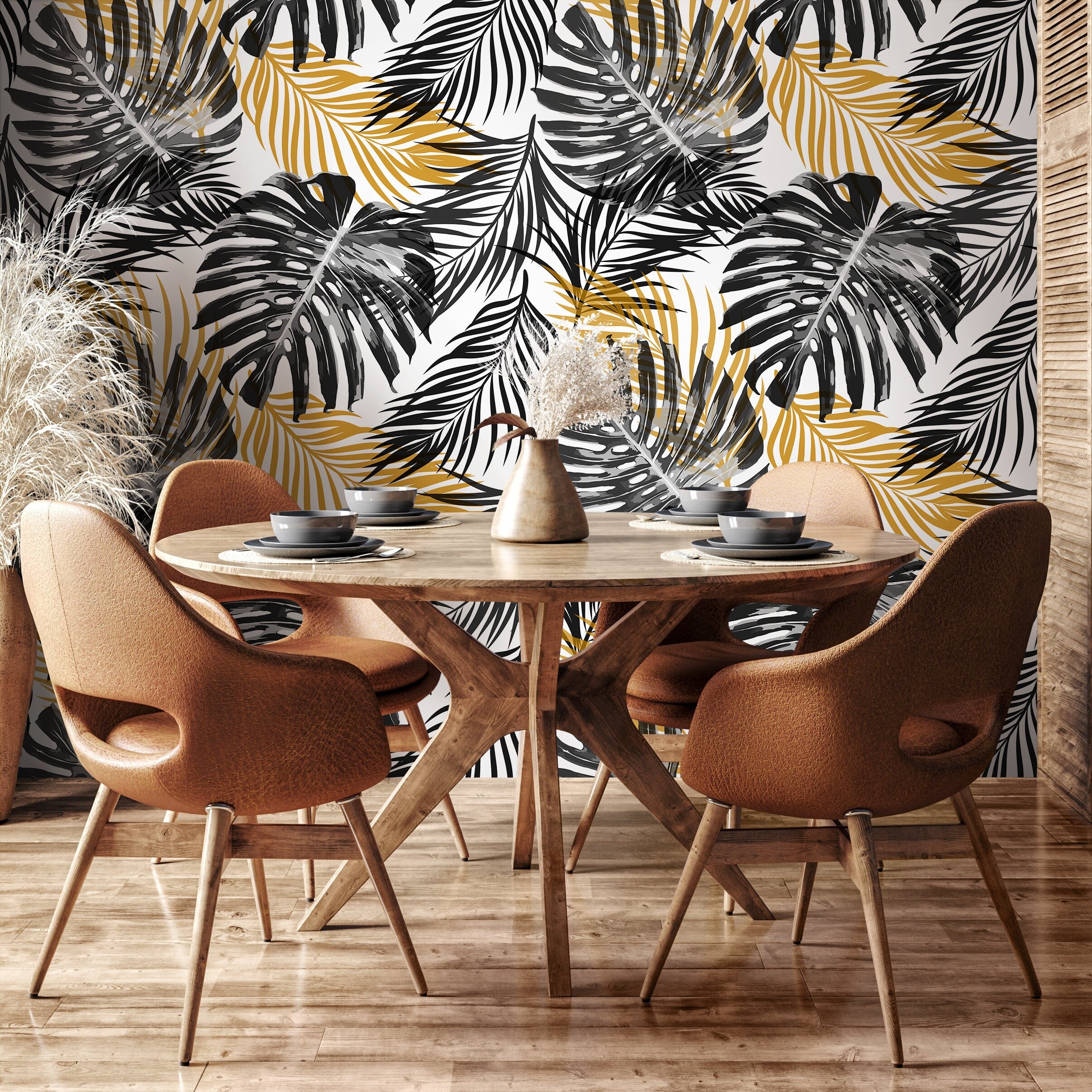 Botanical Wallpaper With Tropical Monstera Leaves In Black, Gray, And Gold - B119