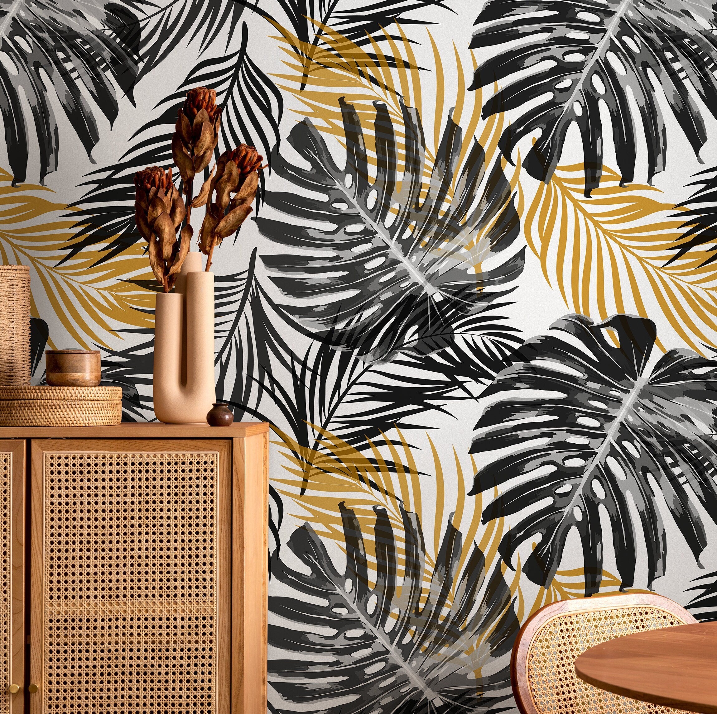 Botanical Wallpaper With Tropical Monstera Leaves In Black, Gray, And Gold - B119
