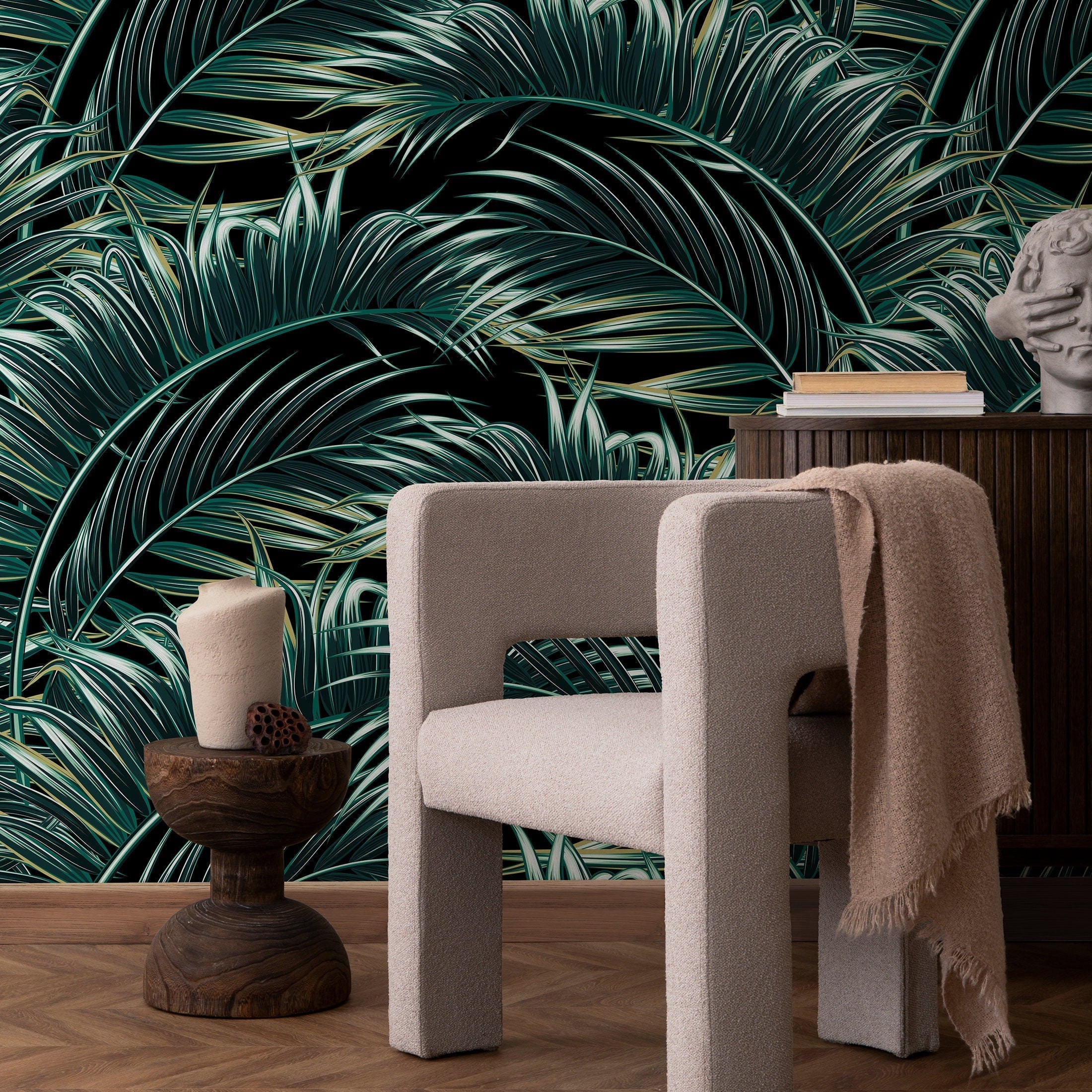 Tropical Wallpaper Featuring Lush Palm Fronds In Green, White, And Black - B123