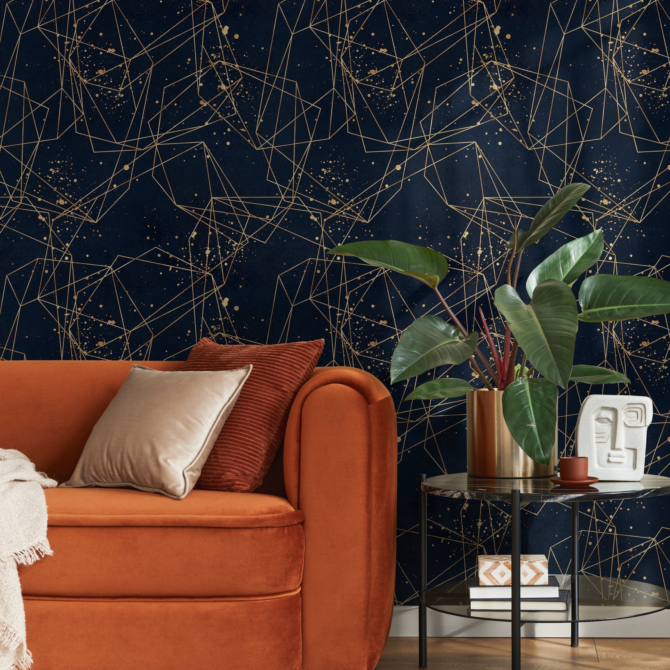 Geometric Wallpaper With Intersecting Gold Lines In Navy Blue And Gold - B322