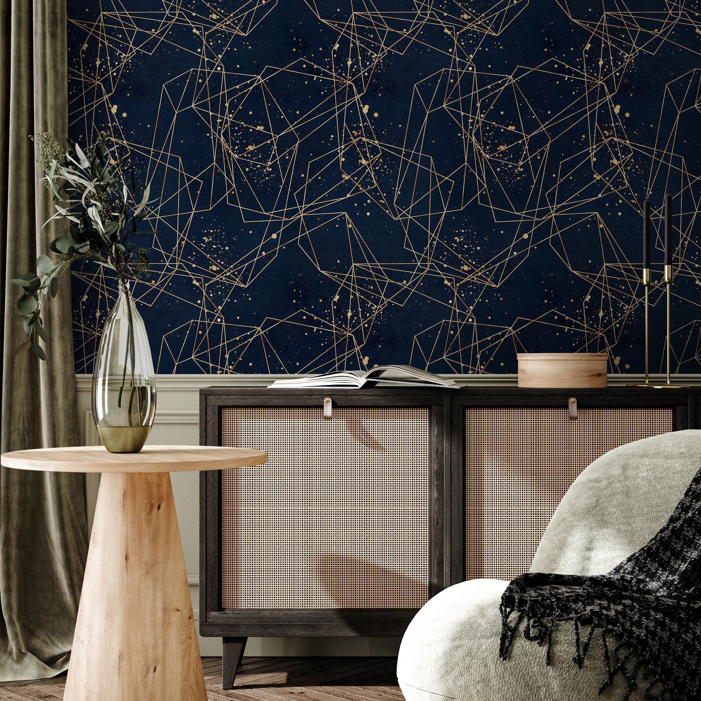 Geometric Wallpaper With Intersecting Gold Lines In Navy Blue And Gold - B322