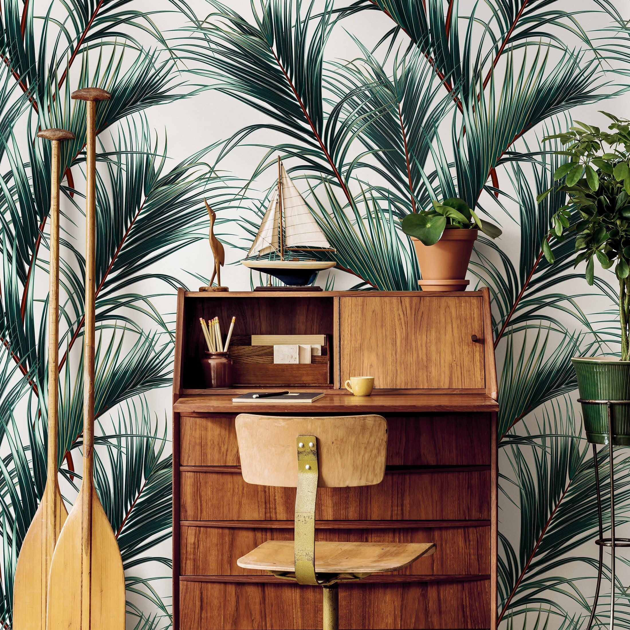 Tropical Wallpaper Featuring Lush Palm Fronds In Green And Brown - B124