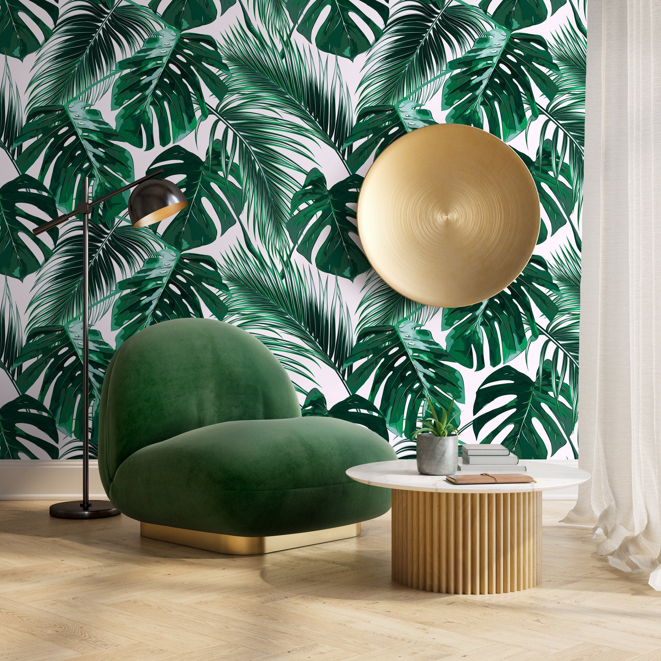 Tropical Wallpaper Featuring Monstera And Palm Leaves In Green - B125