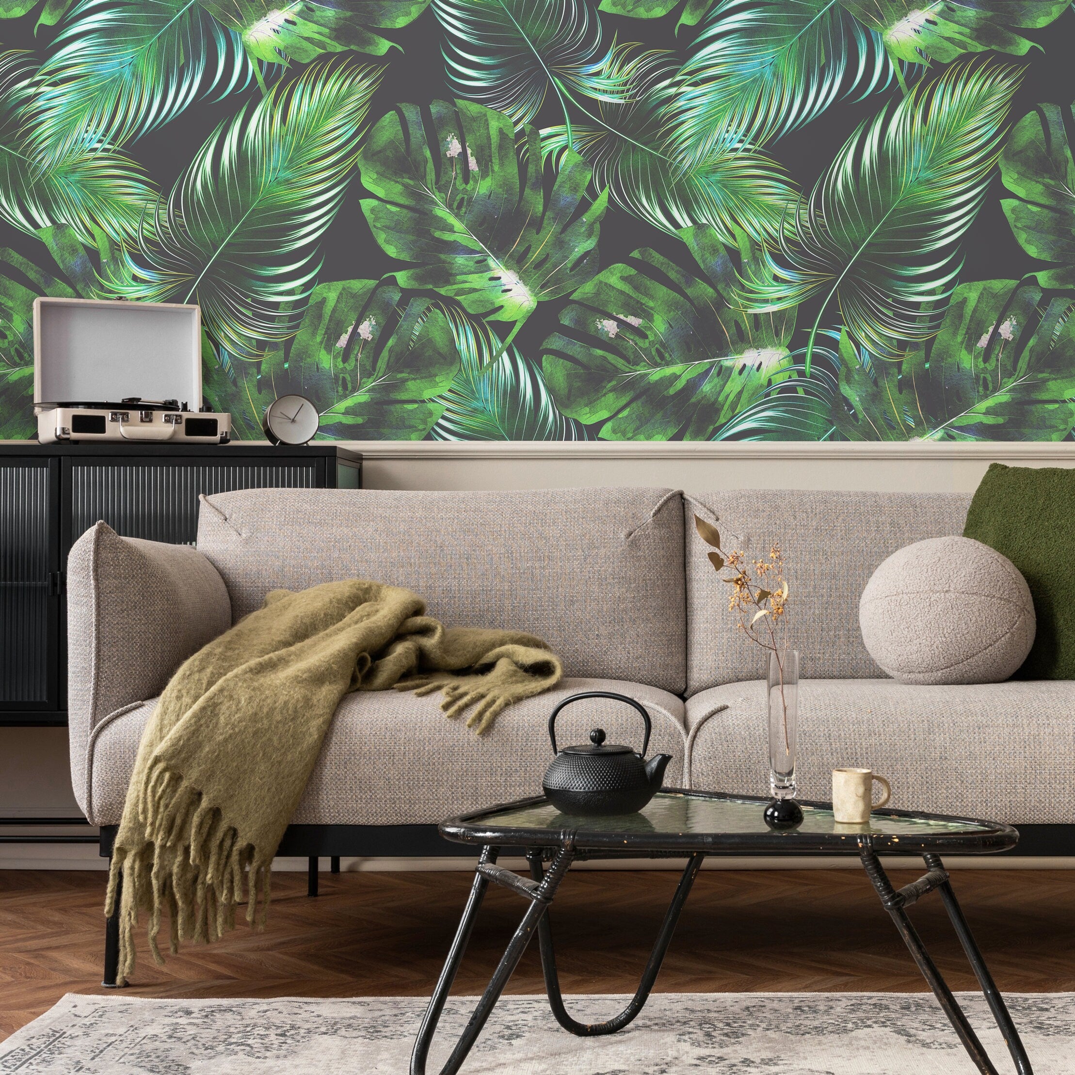 Botanical Wallpaper With Monstera And Palm Leaves In Green And Gray - B126
