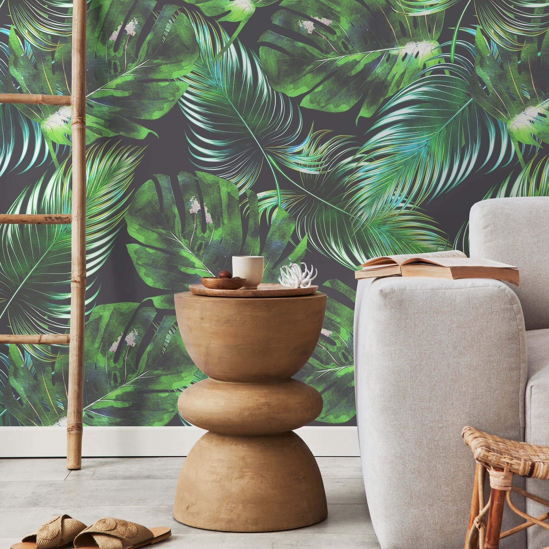 Botanical Wallpaper With Monstera And Palm Leaves In Green And Gray - B126