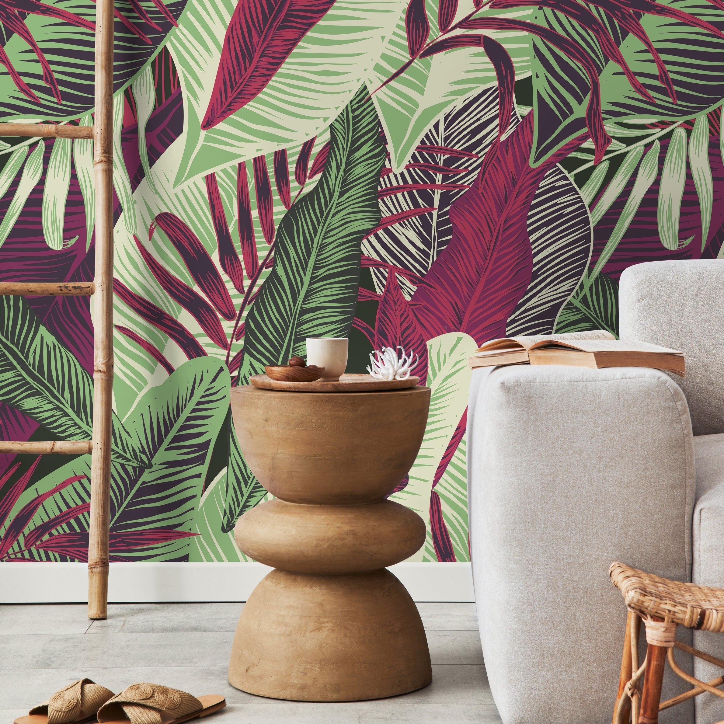 Tropical Wallpaper With Bold Jungle Leaves In Red, Green, And Purple - B132