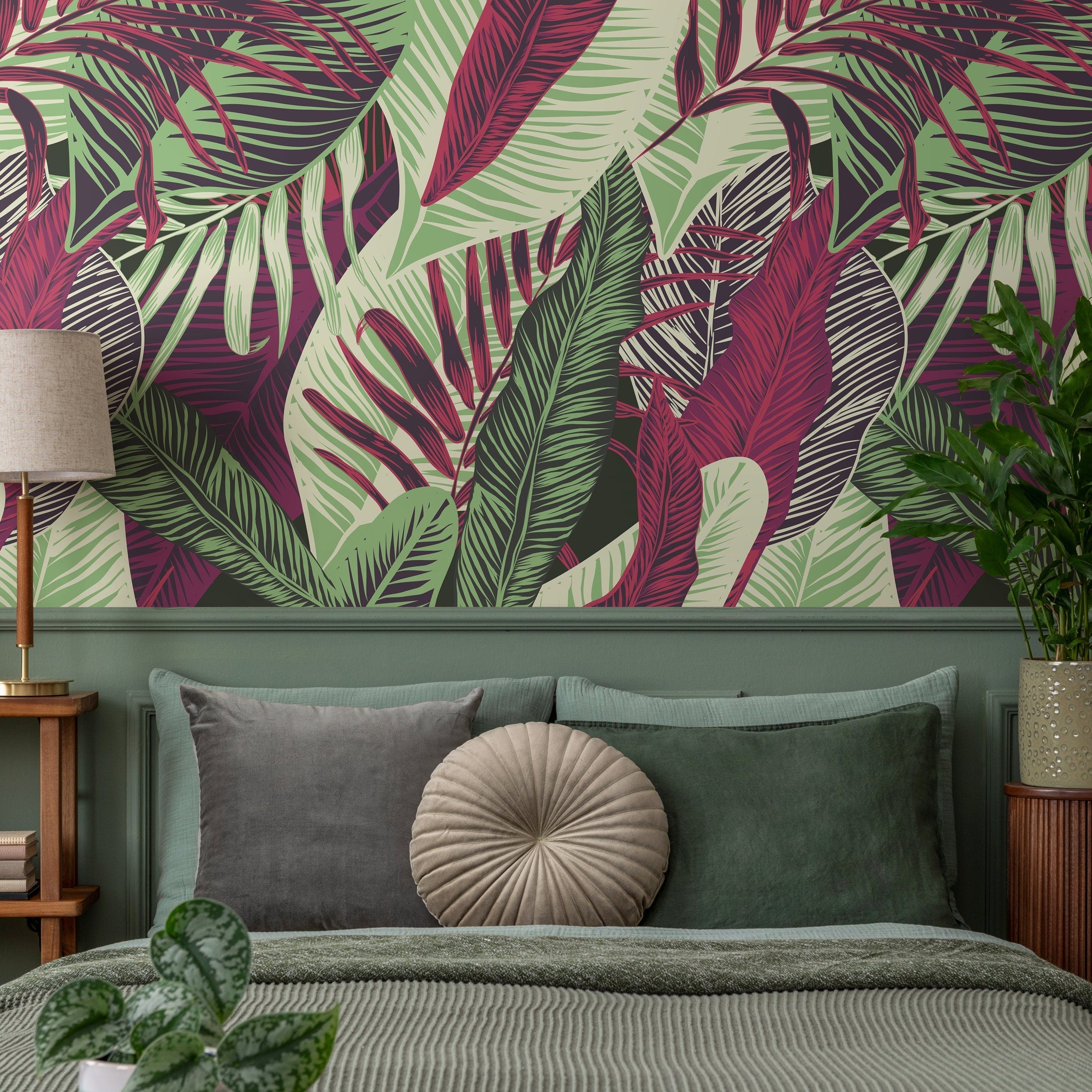 Tropical Wallpaper With Bold Jungle Leaves In Red, Green, And Purple - B132