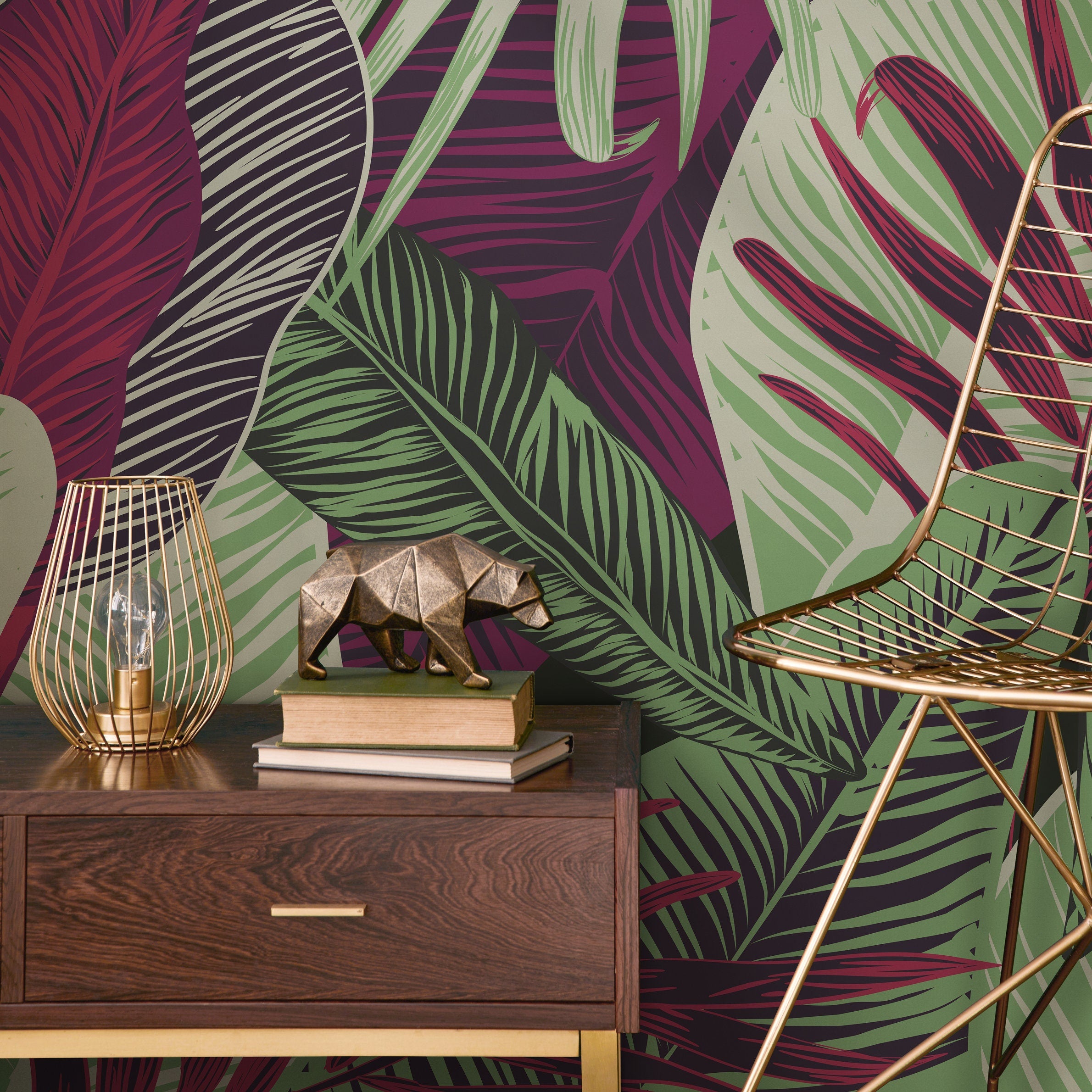 Tropical Wallpaper With Bold Jungle Leaves In Red, Green, And Purple - B132