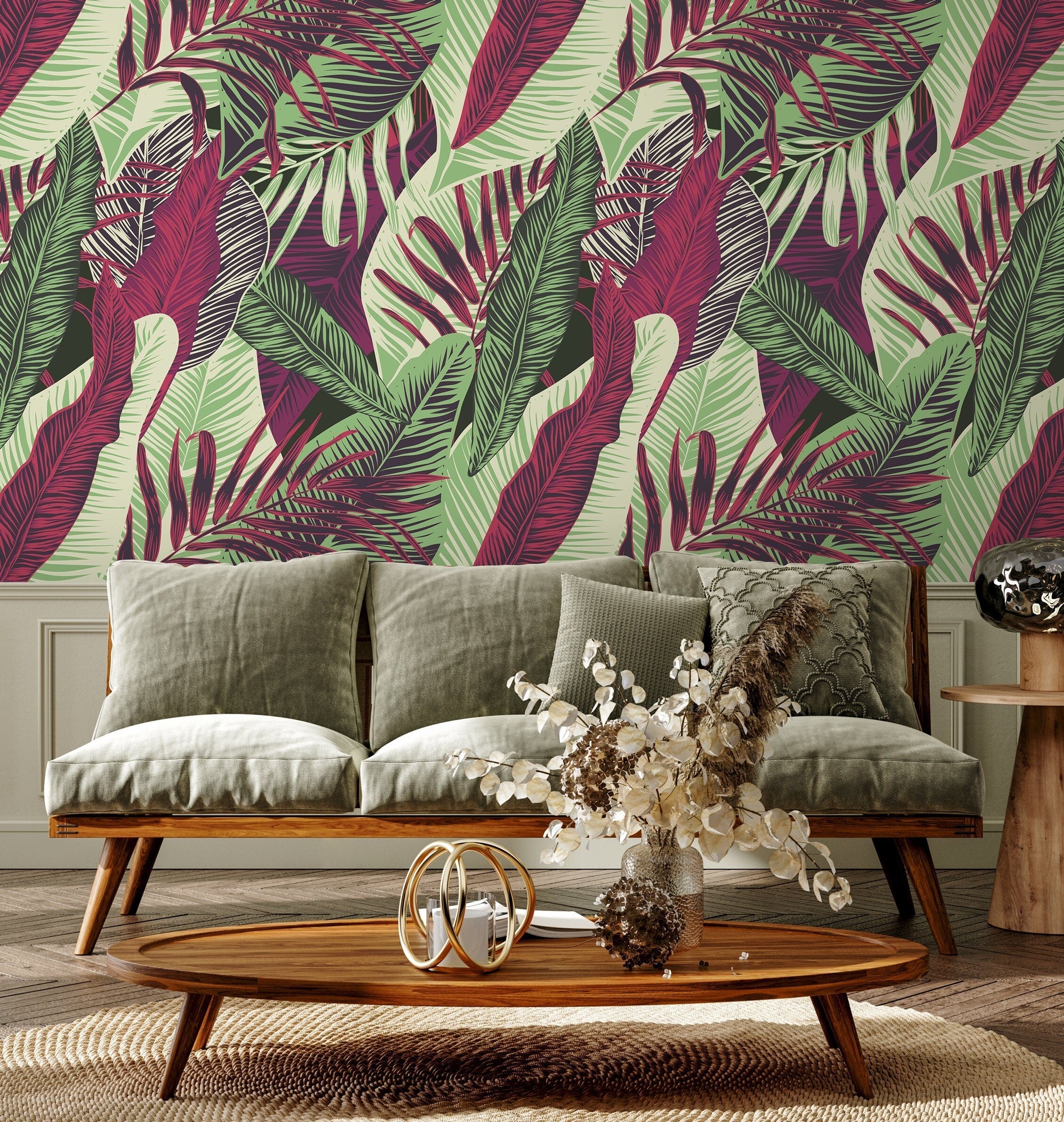 Tropical Wallpaper With Bold Jungle Leaves In Red, Green, And Purple - B132
