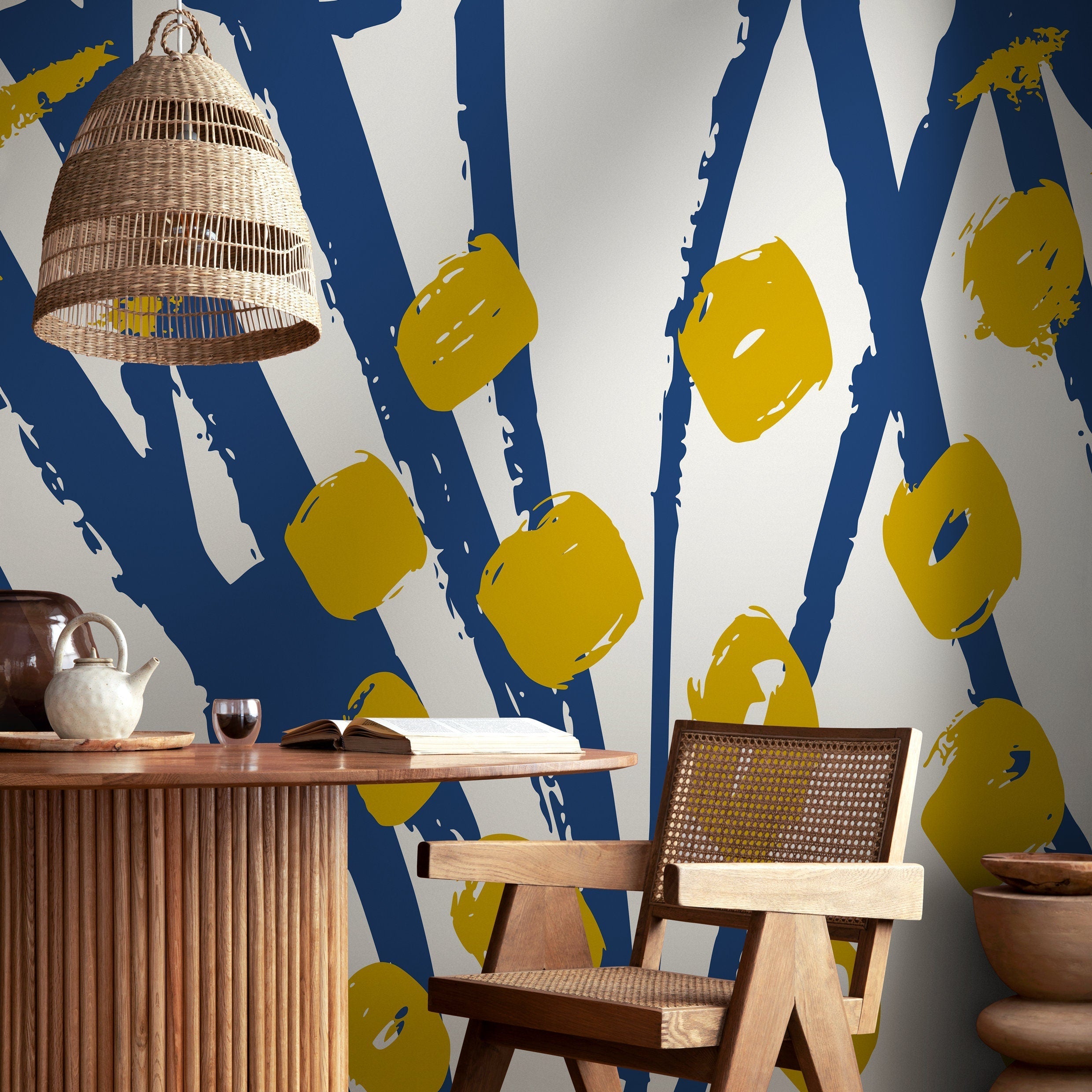 Abstract Wallpaper With Bold Brush Strokes In Blue And Yellow - B404