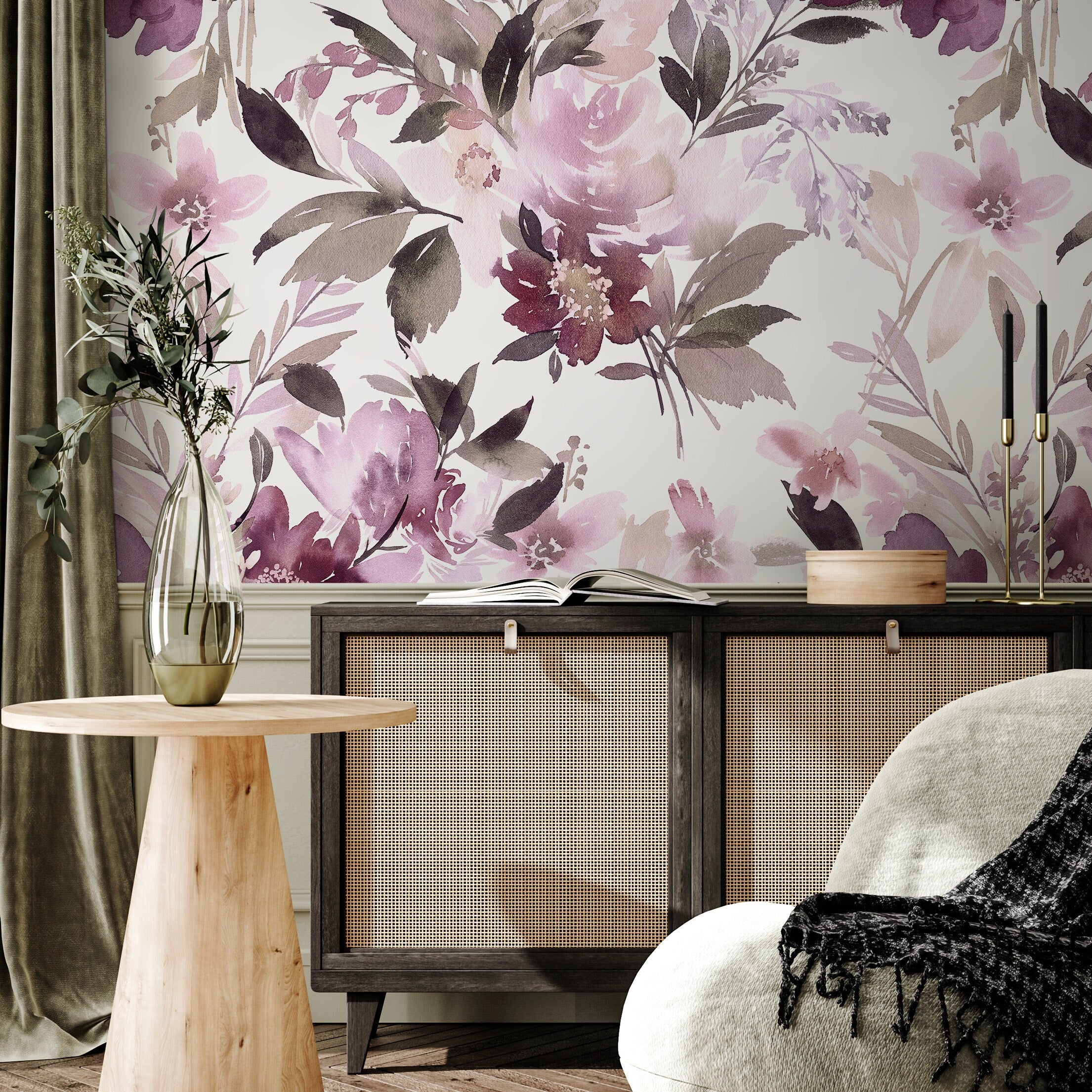 Watercolor Wallpaper With Abstract Blooms In Mauve, Purple, And Brown - B137