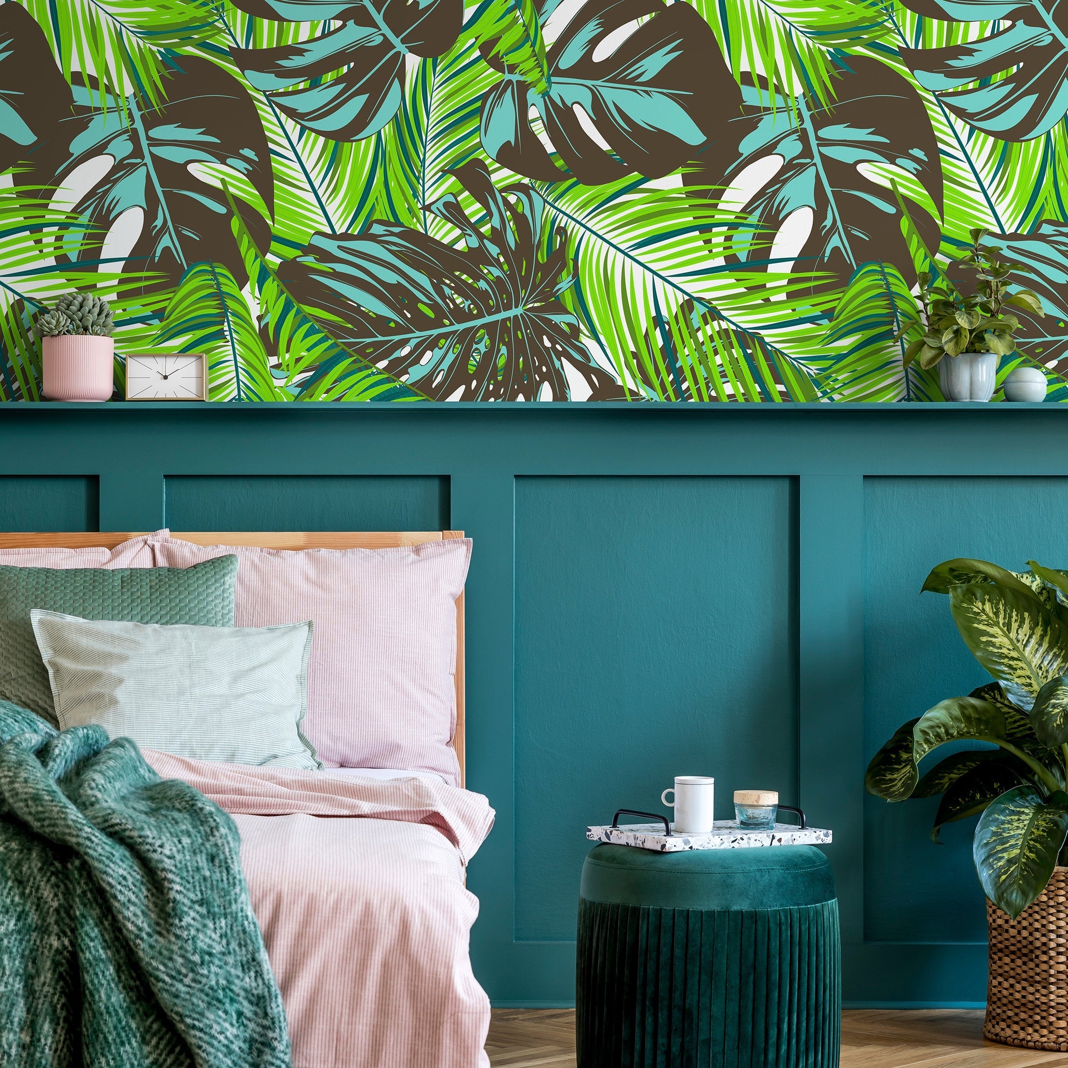 Tropical Wallpaper With Monstera And Palm Leaves In Green, Teal, And Brown - B138