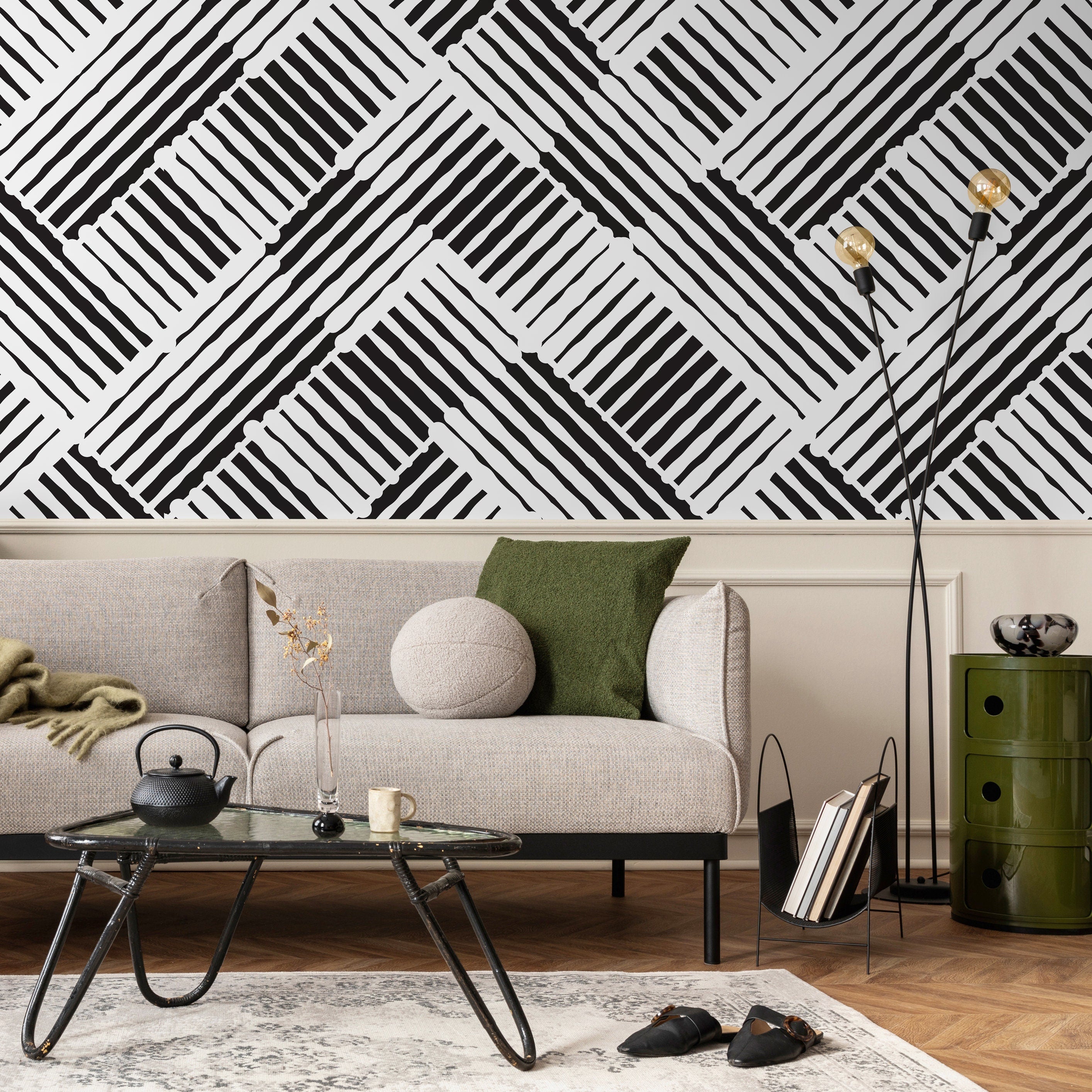 Abstract Wallpaper With A Bold Woven Line Motif In Black And White - B409
