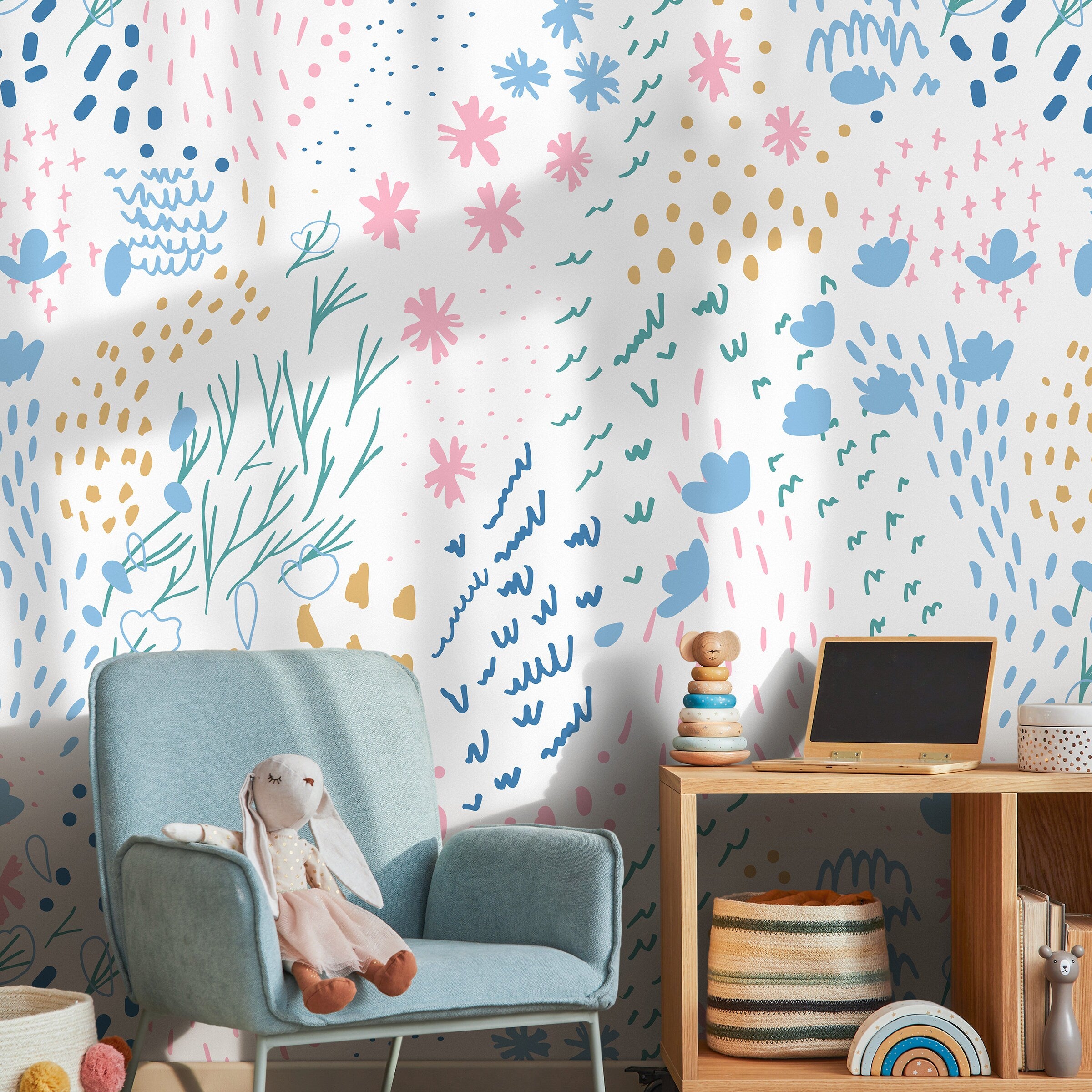 Abstract Wallpaper With Whimsical Doodles In Pink, Blue, And Gold - B412