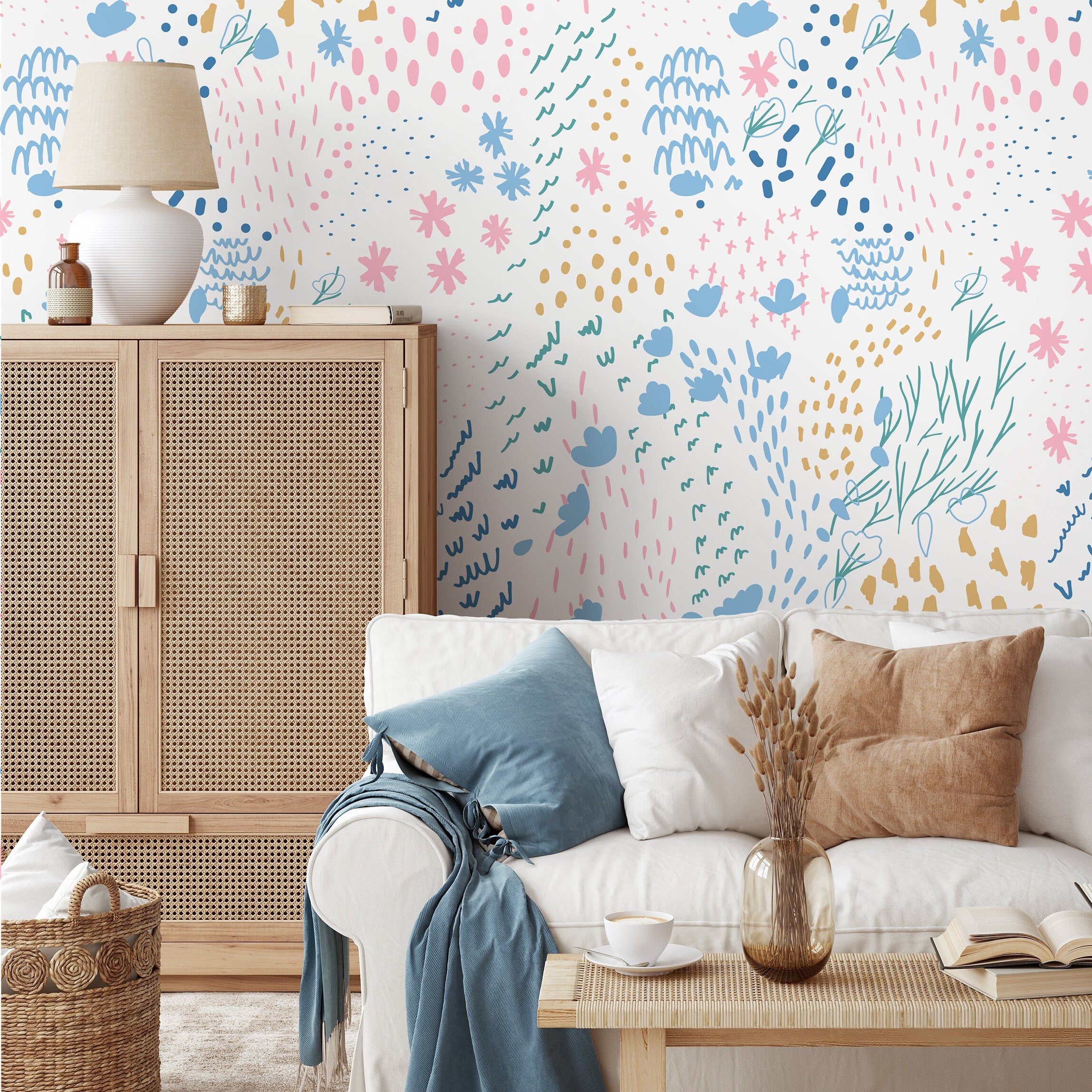 Abstract Wallpaper With Whimsical Doodles In Pink, Blue, And Gold - B412