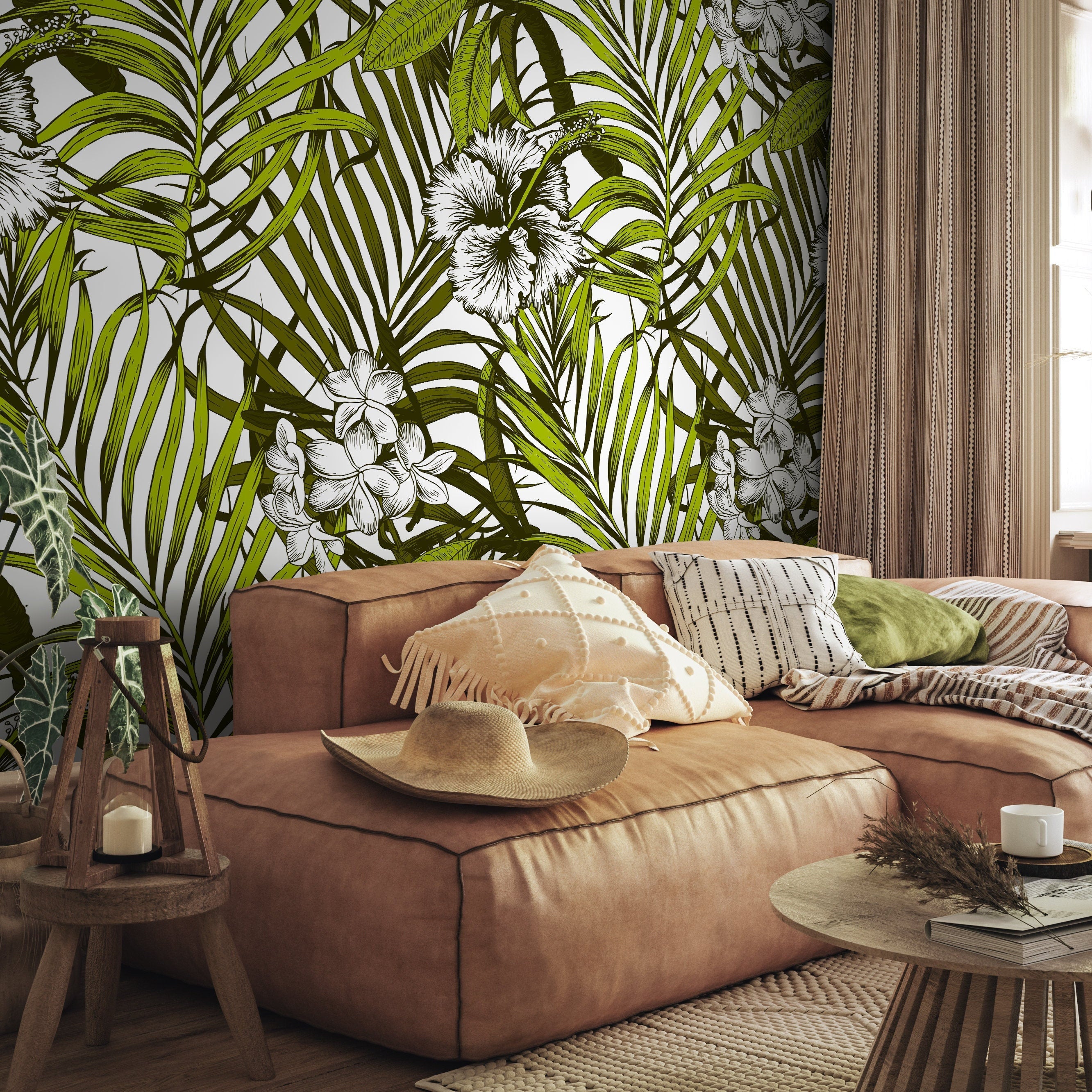 Tropical Wallpaper With Palm Leaves And Hibiscus Flowers In Green And Black - B420