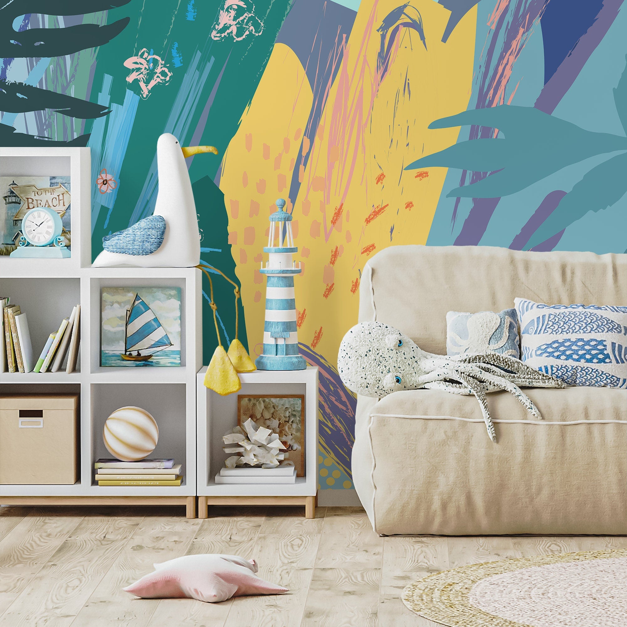 Abstract Wallpaper With A Botanical Brushstroke Collage In Teal, Yellow, And Blue - B167