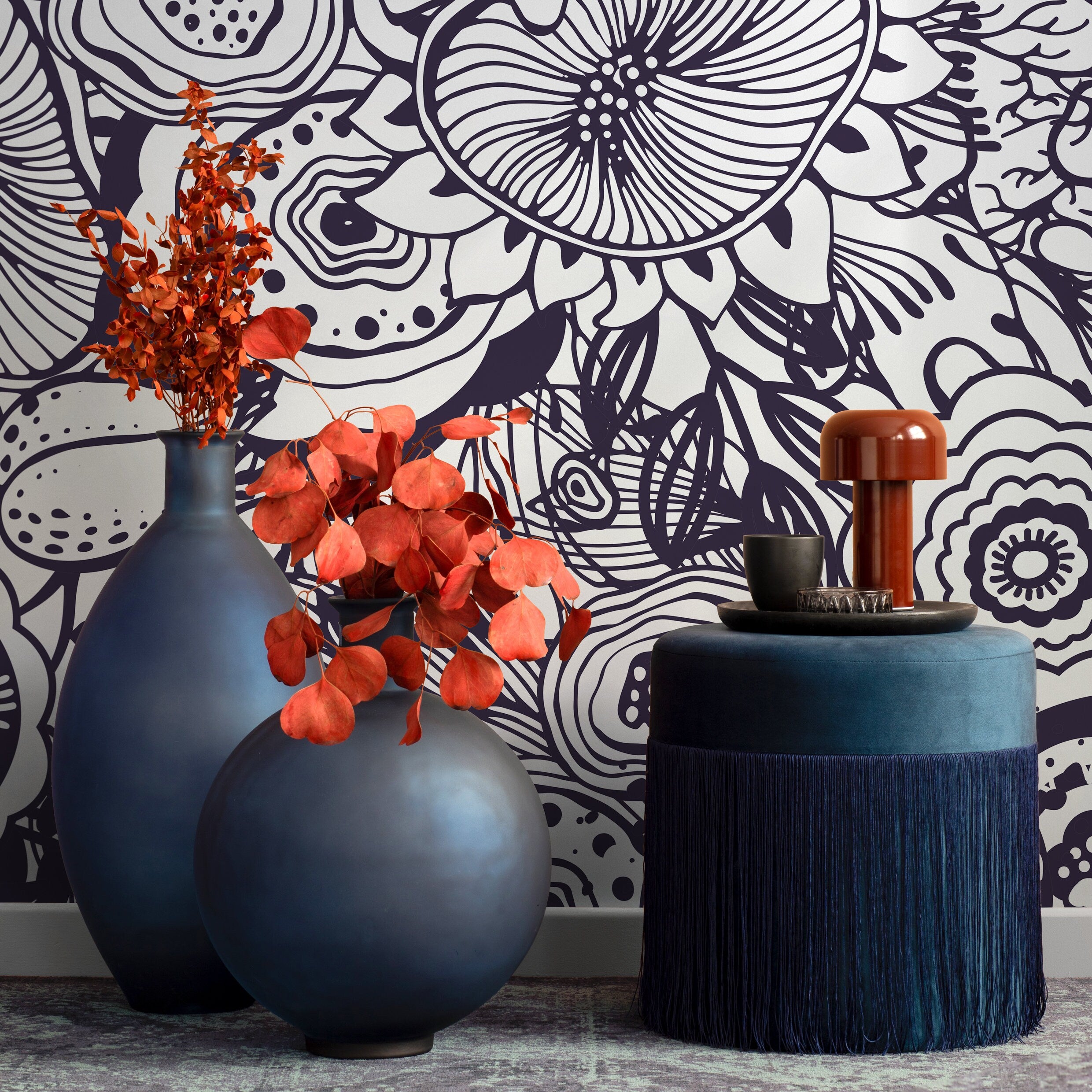 Abstract Floral Wallpaper With A Bold Line Art Motif In Dark Blue - B421