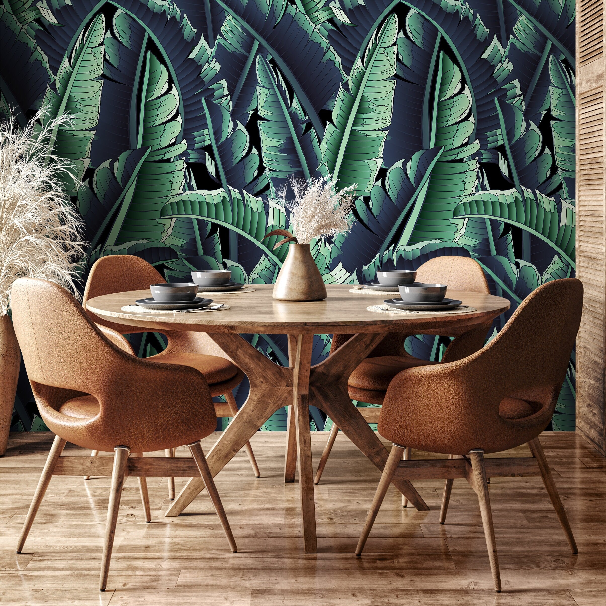 Tropical Wallpaper With Layered Banana Leaves In Green, Blue, And Black - B168