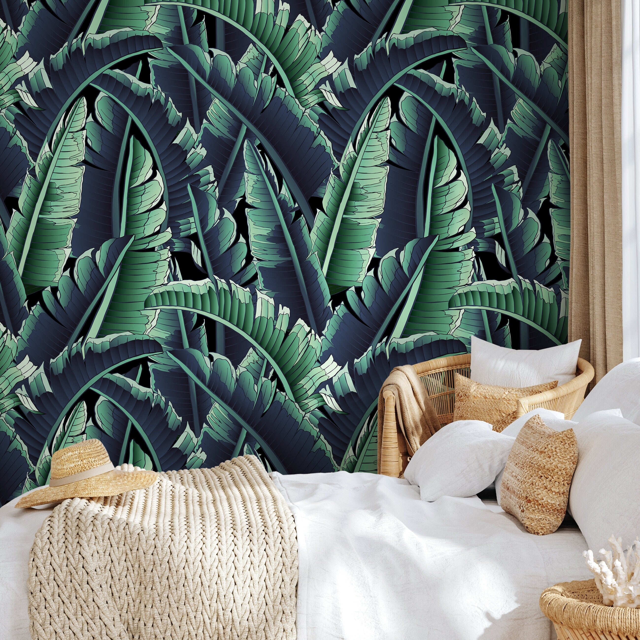 Tropical Wallpaper With Layered Banana Leaves In Green, Blue, And Black - B168