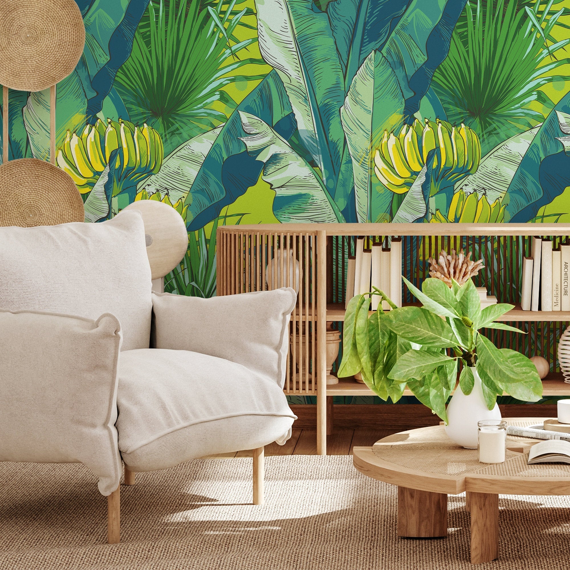 Tropical Wallpaper With Sketched Banana Leaves In Green And Yellow - B171