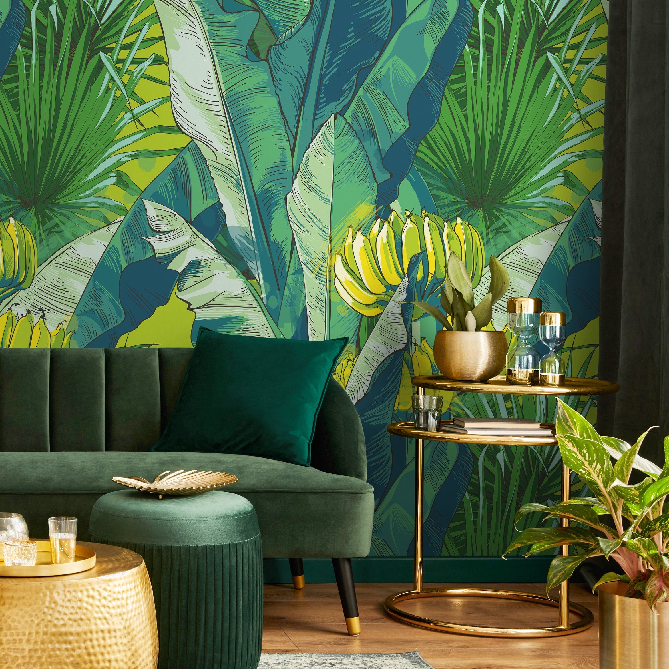 Tropical Wallpaper With Sketched Banana Leaves In Green And Yellow - B171