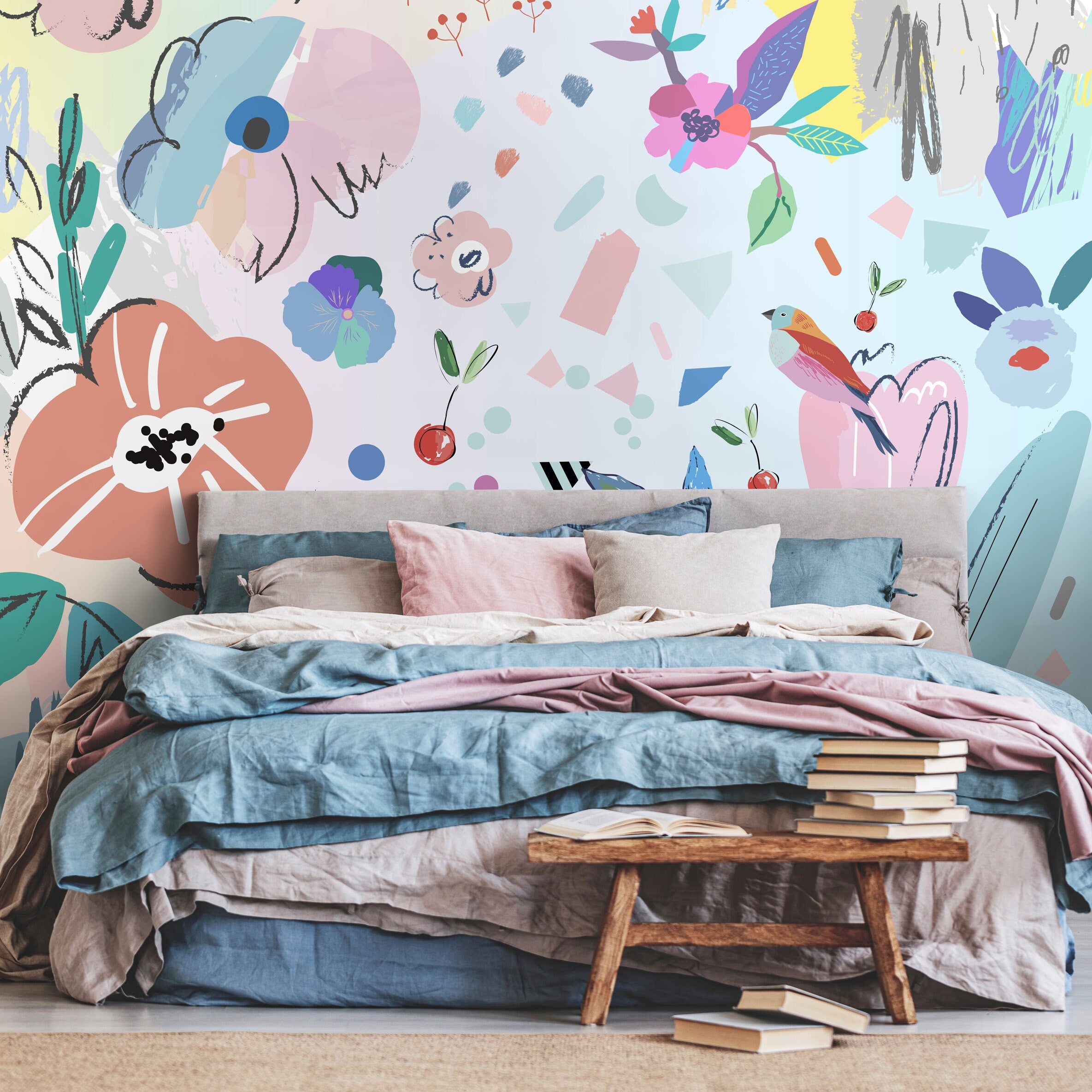 Abstract Wallpaper With A Collage Of Flowers And Shapes In Pink, Blue, And Purple - B176