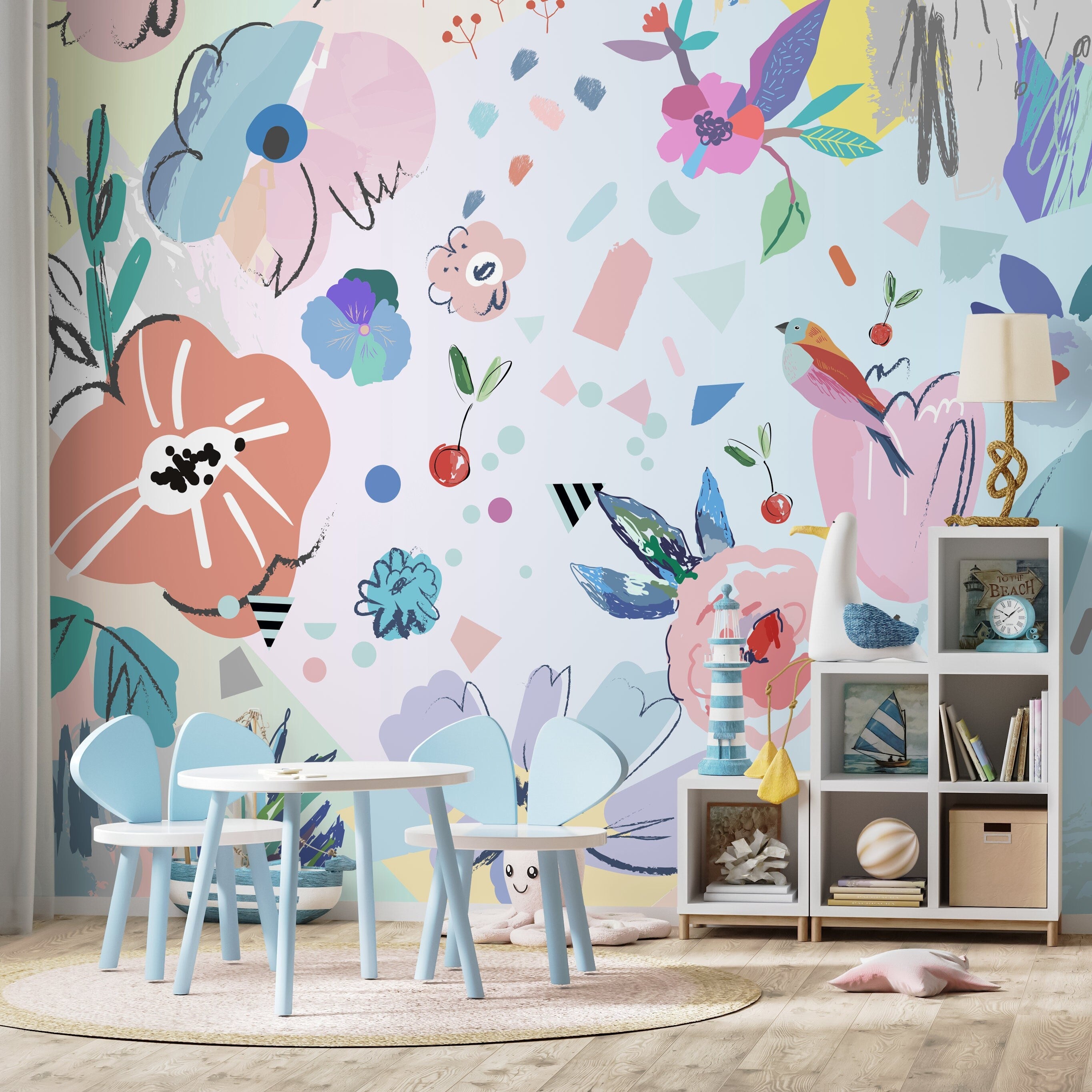 Abstract Wallpaper With A Collage Of Flowers And Shapes In Pink, Blue, And Purple - B176