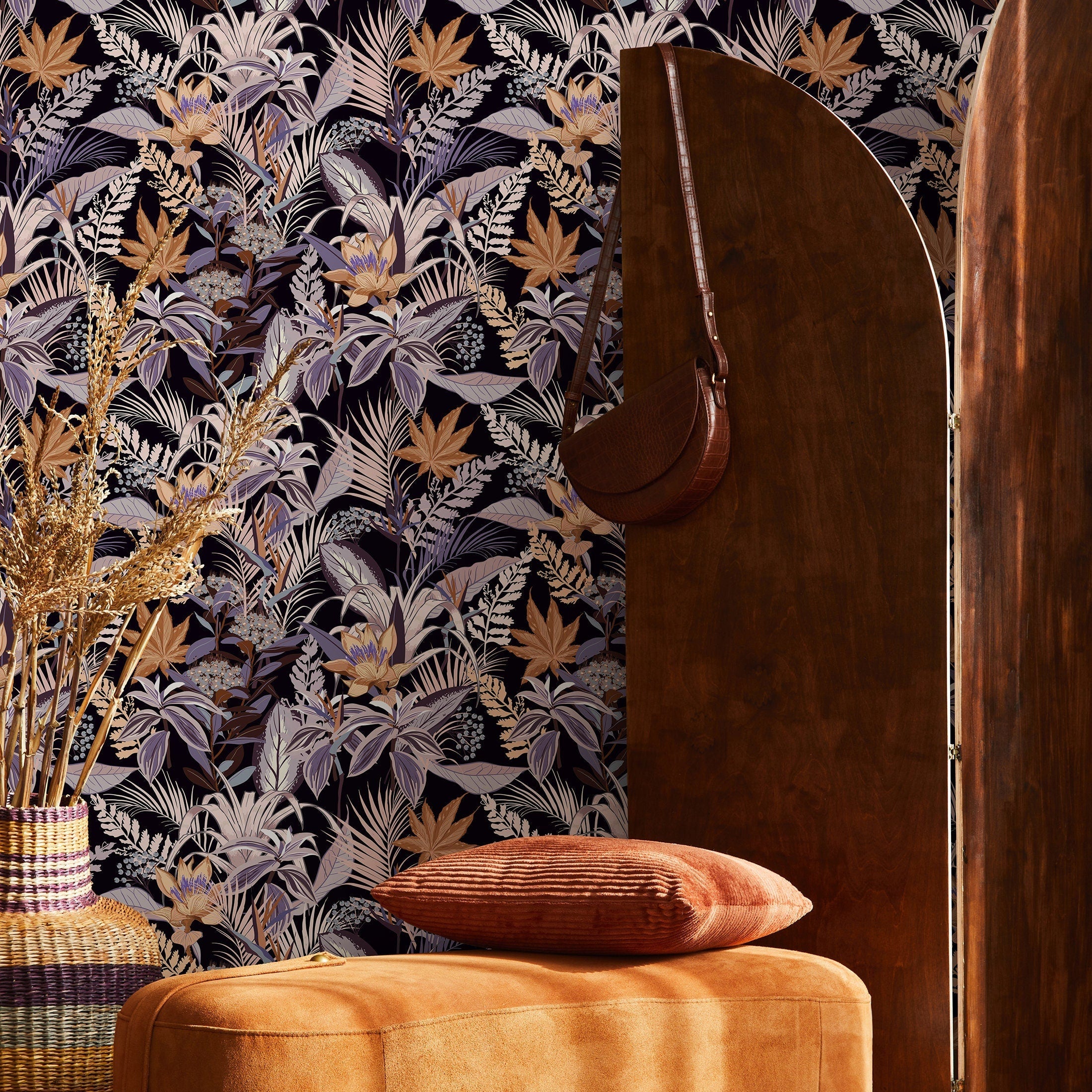 Botanical Wallpaper With Exotic Jungle Foliage In Purple, Brown, And Beige - B429