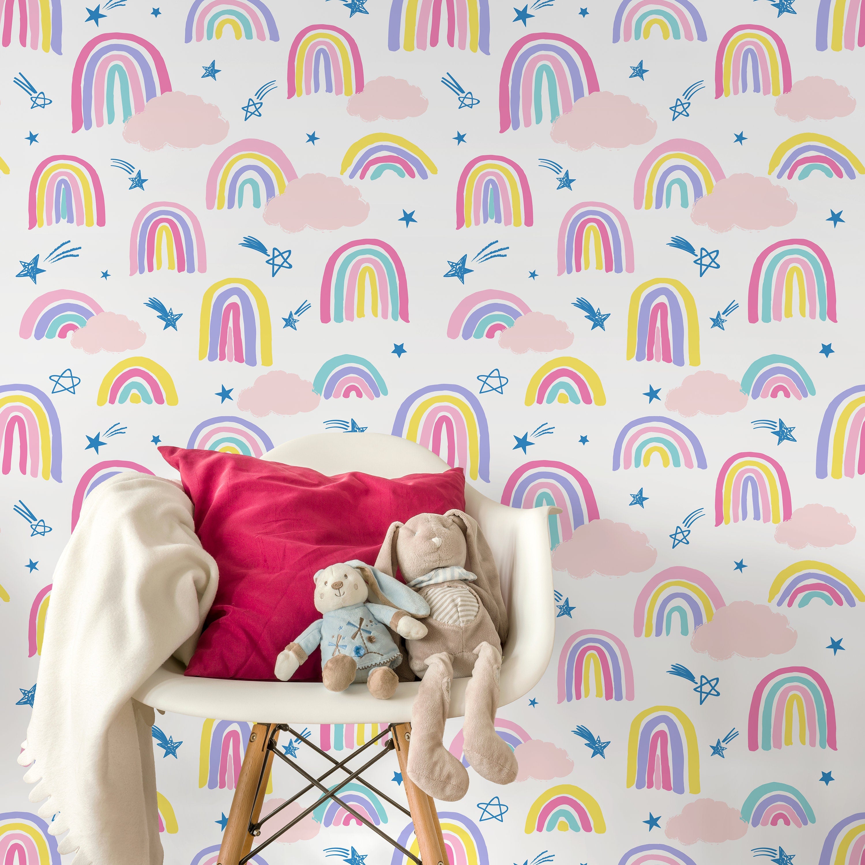 Kids Wallpaper With Hand-drawn Rainbows And Stars In Pink, Yellow, And Blue - B486