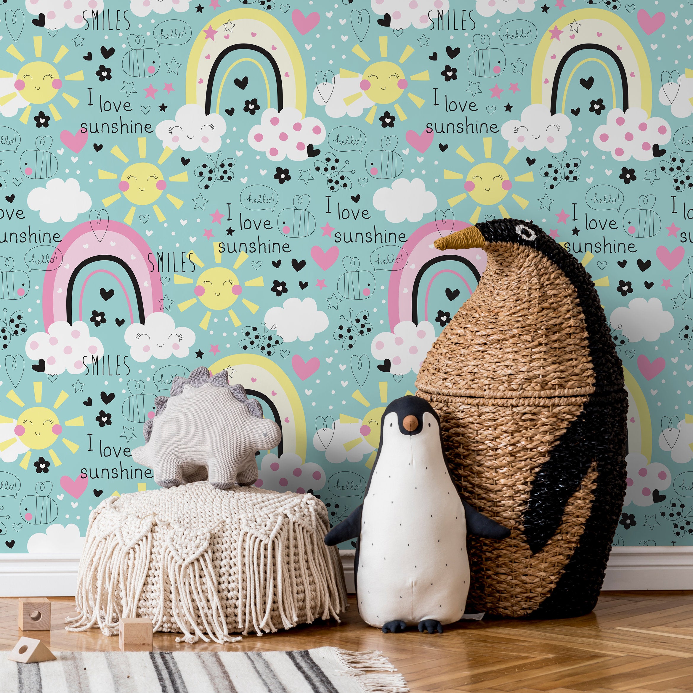 Kids Wallpaper With Sunshine And Rainbows In Pink, Yellow, And Teal - B490