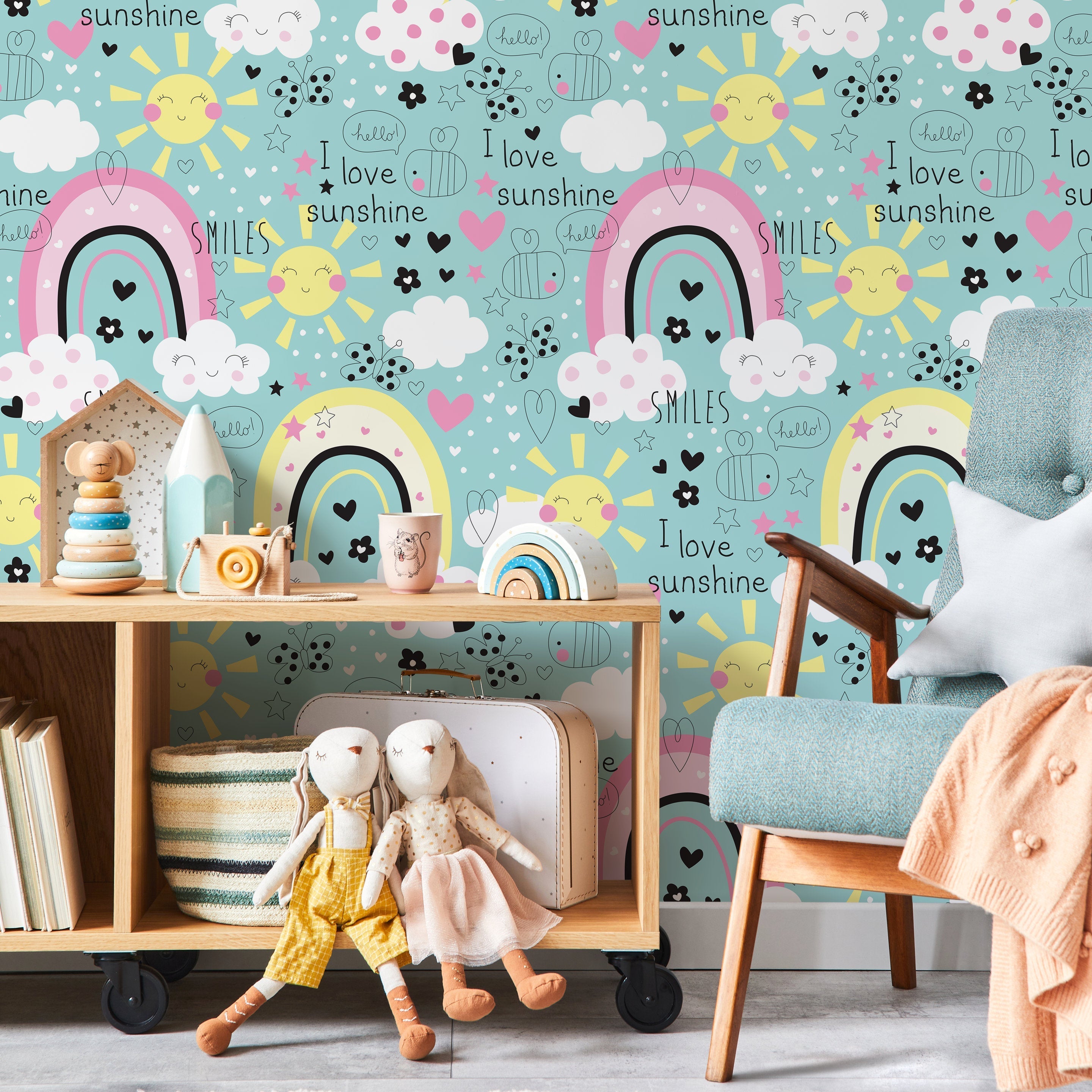 Kids Wallpaper With Sunshine And Rainbows In Pink, Yellow, And Teal - B490