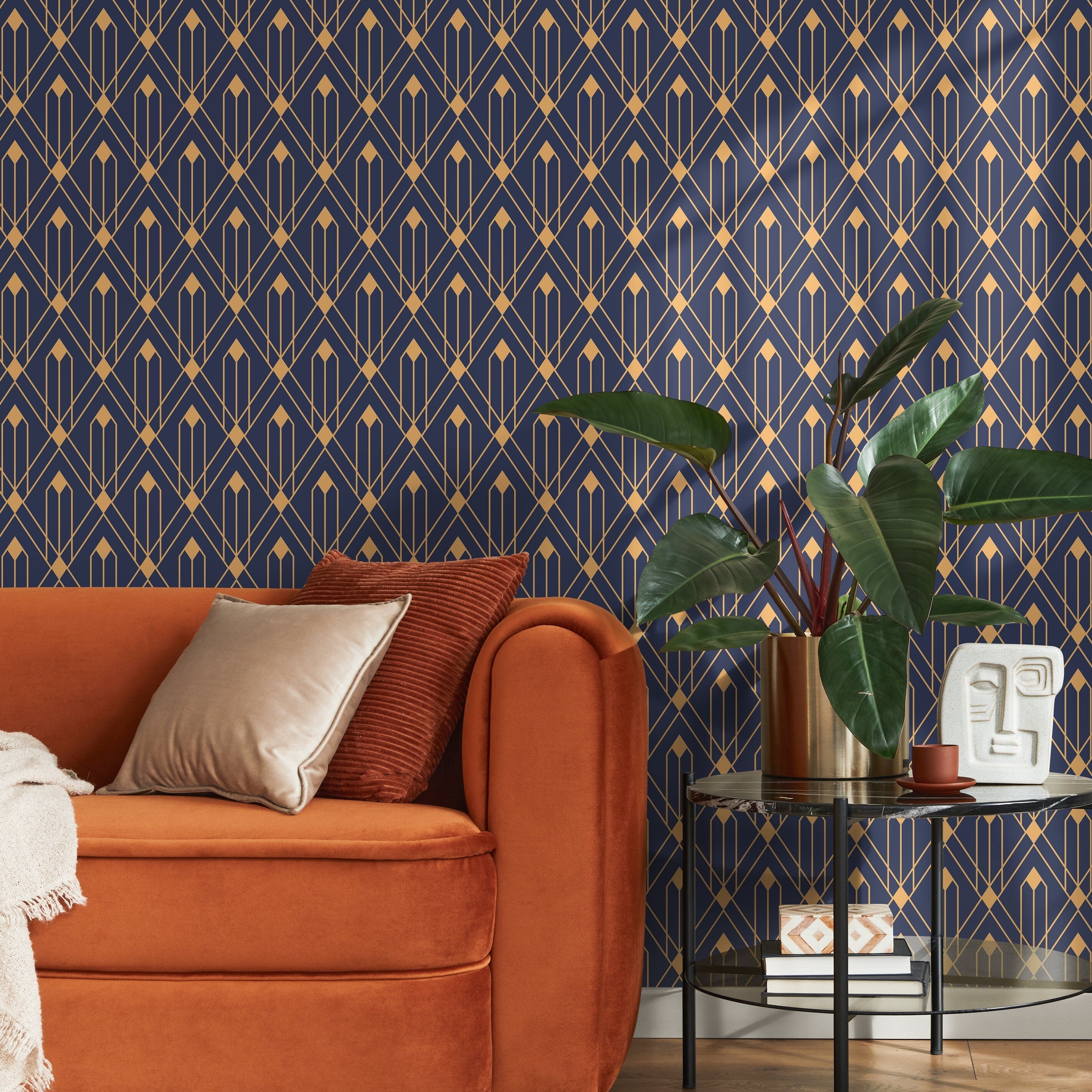 Art Deco Wallpaper With A Geometric Trellis Motif In Blue And Gold - B495