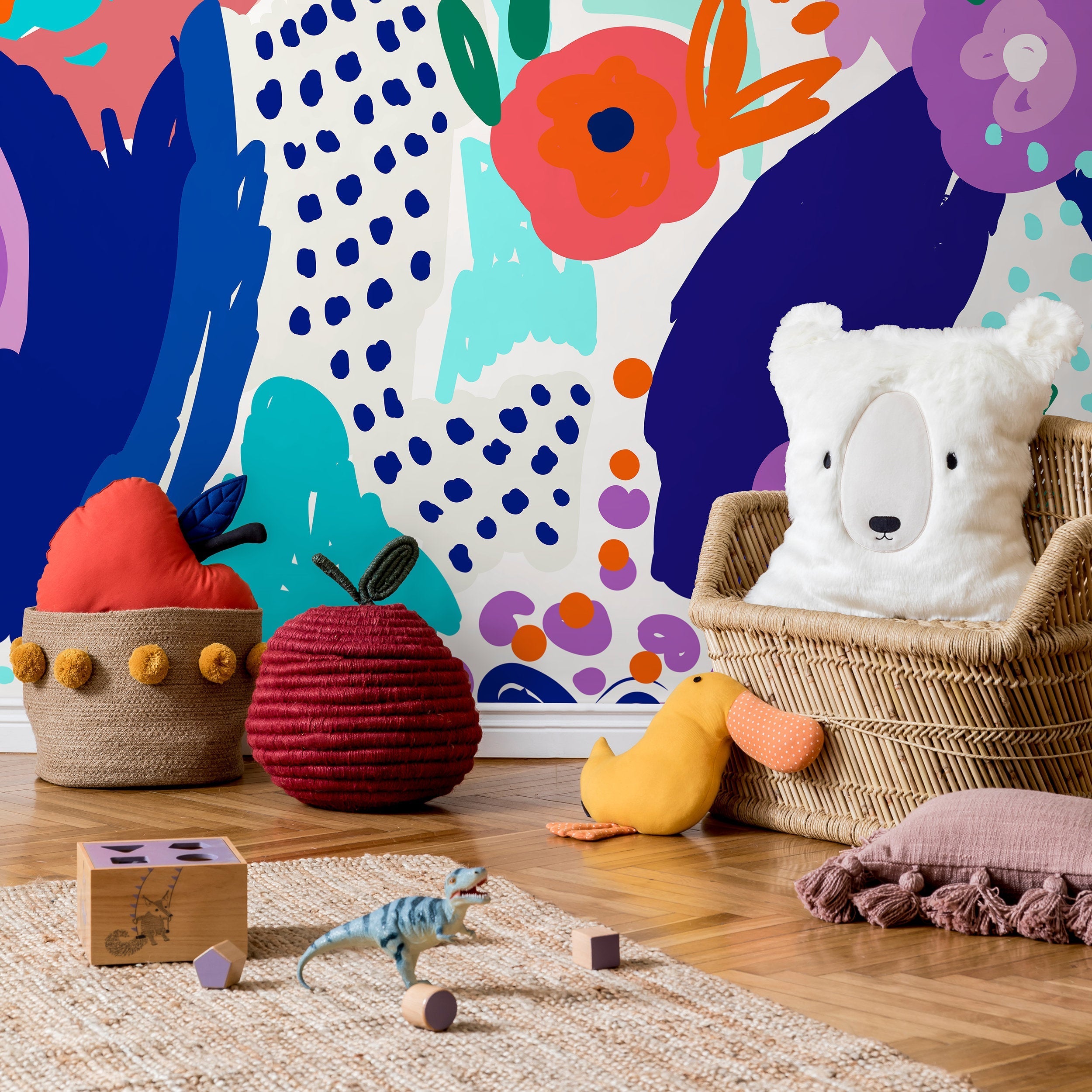 Abstract Wallpaper With Bold Floral And Organic Shapes In Blue, Purple, And Orange - B502