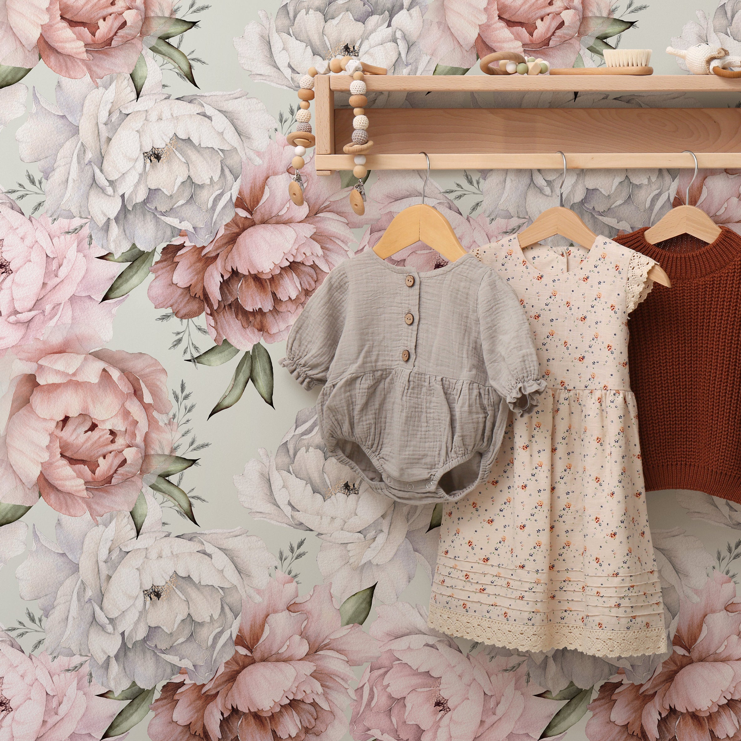 Floral Wallpaper Featuring Watercolor Peonies In Pink, White, And Green - B516