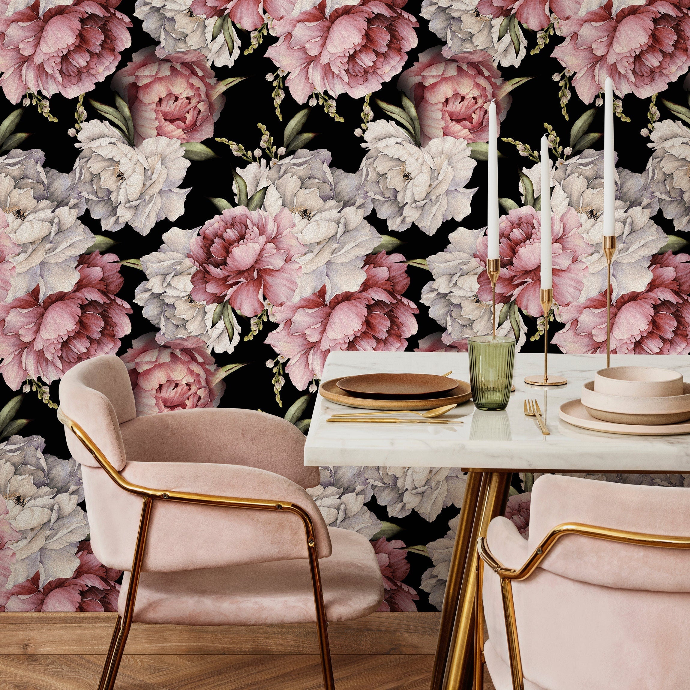 Floral Wallpaper With Large Peonies In Pink, White, And Black - B518
