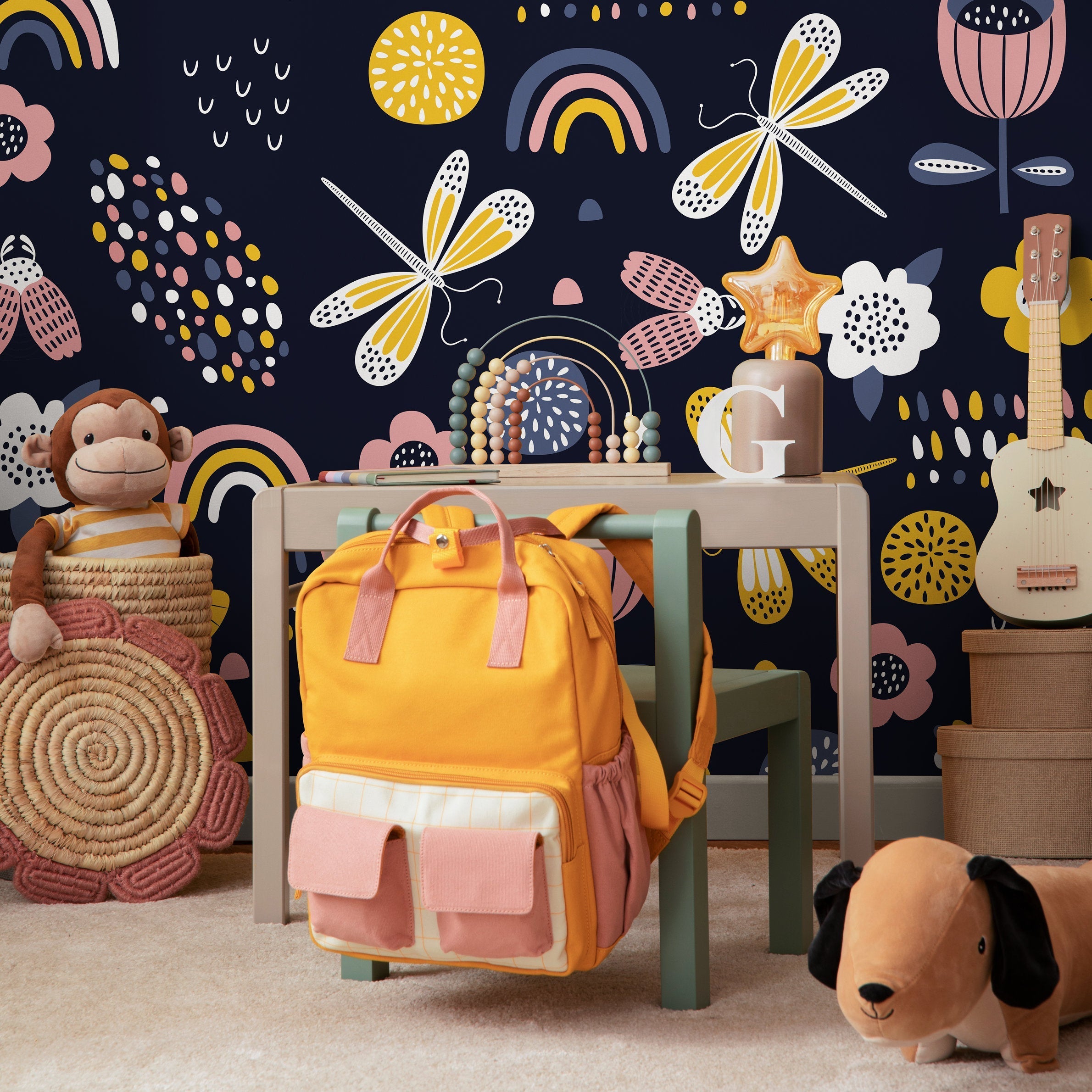 Kids Wallpaper With Dragonflies, Rainbows, And Flowers In Yellow, Pink, And Blue - B522