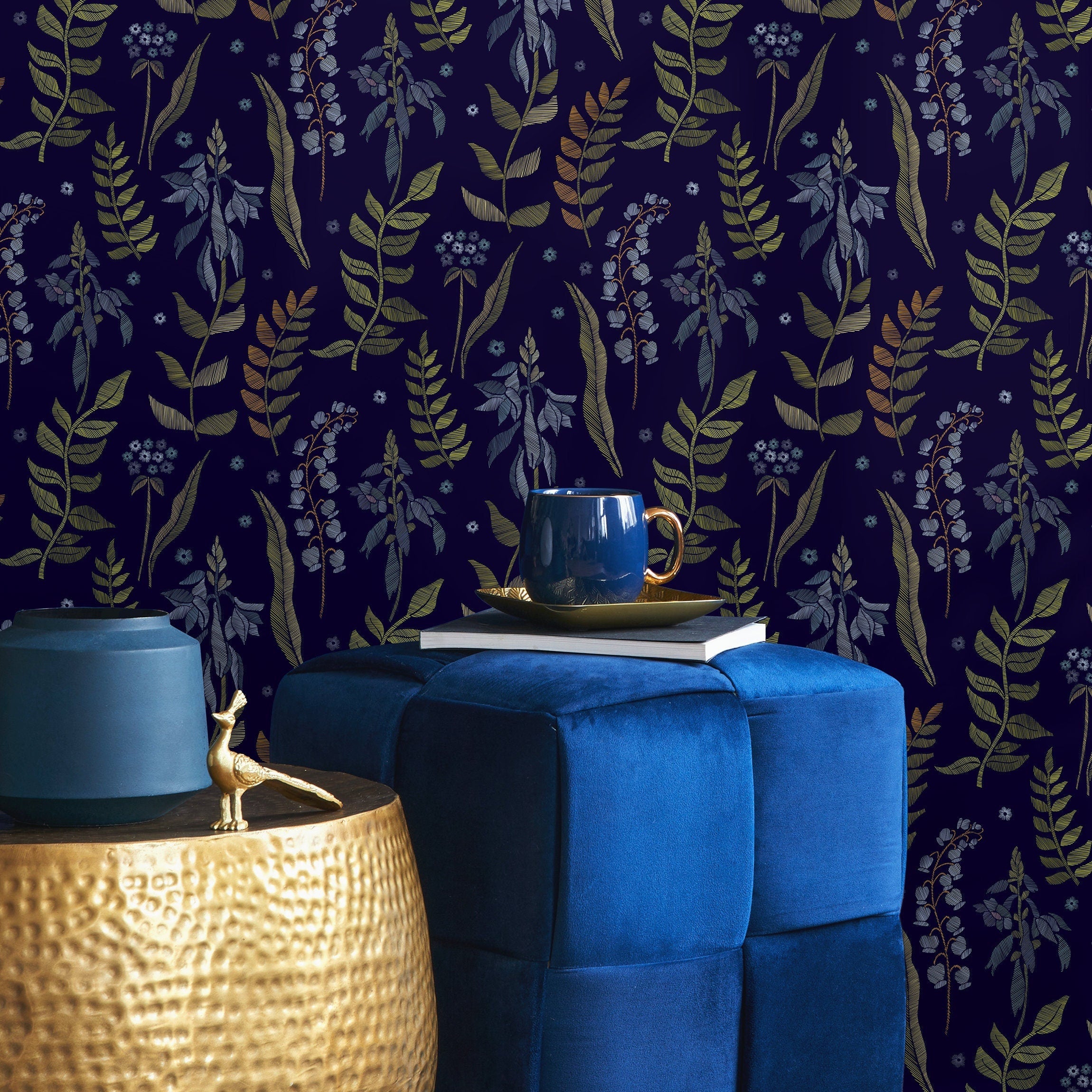 Botanical Wallpaper With A Faux Embroidery Motif In Navy Blue, Gold, And Blue - B535