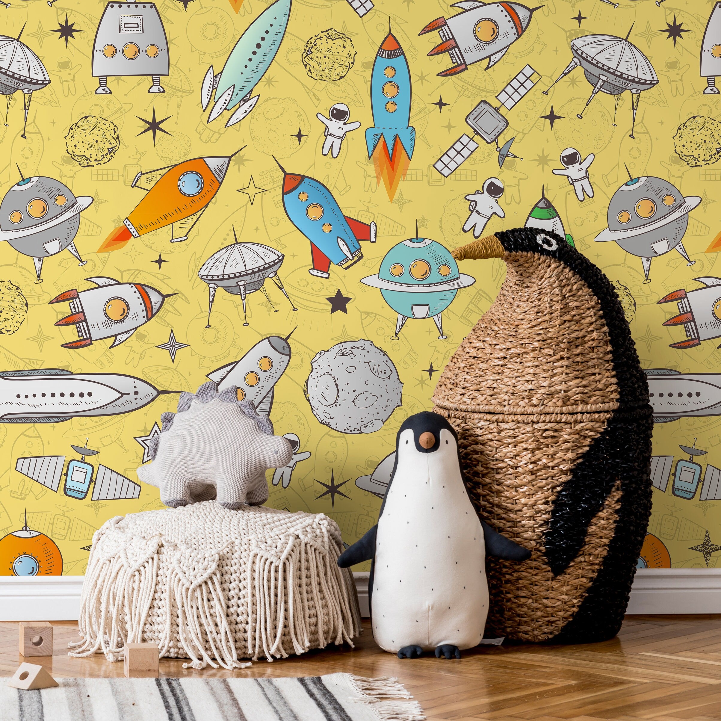 Kids Wallpaper With A Doodle Spaceship Motif In Yellow, Blue, And Orange - B539