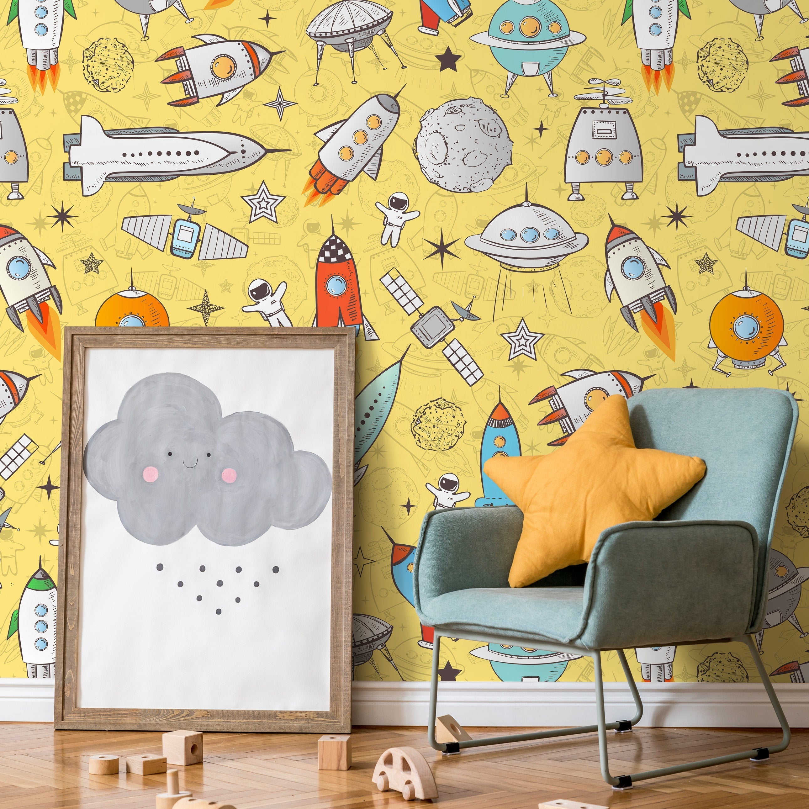 Kids Wallpaper With A Doodle Spaceship Motif In Yellow, Blue, And Orange - B539